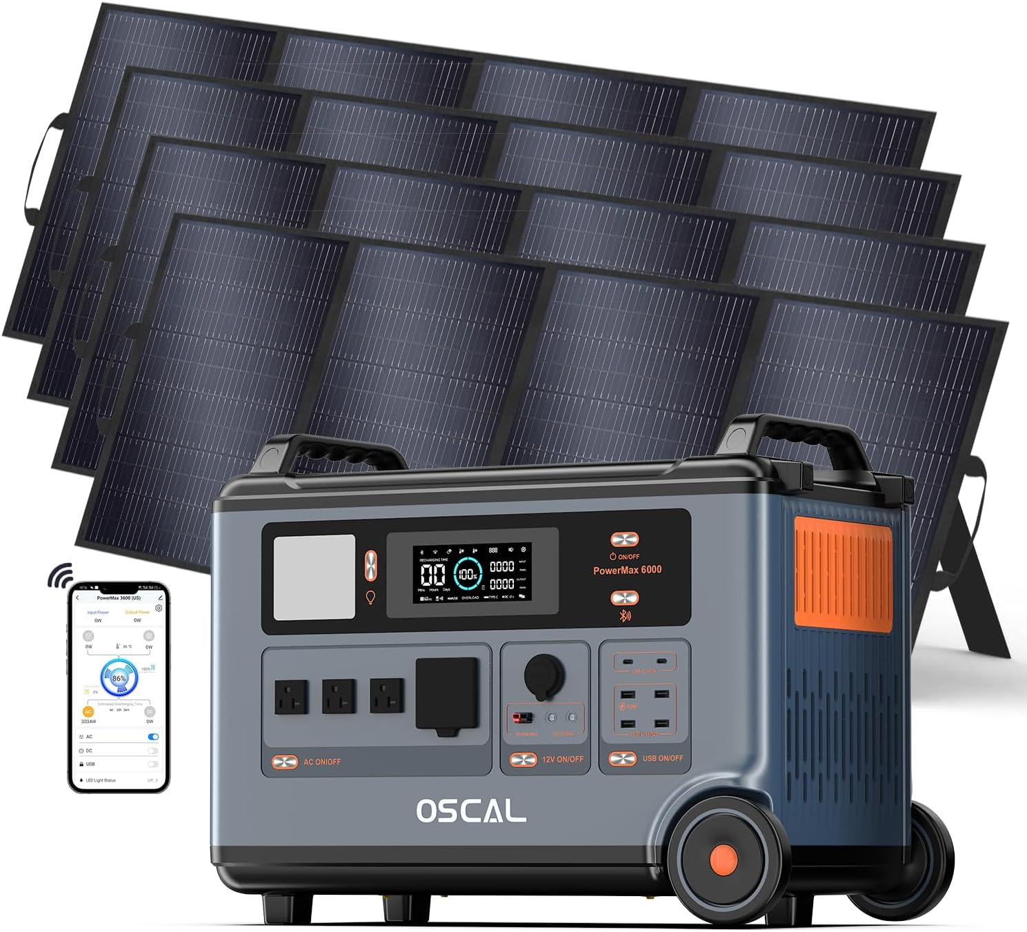 OSCAL 6000W Solar Generator with 4x500W Solar Panel,120V/240V Dual Voltage 3600WH Lifepo4 Battery Promax6000 Portable Power Station with 14 Outlets,2200W 1.96H Fast Charge,for Home Backup.