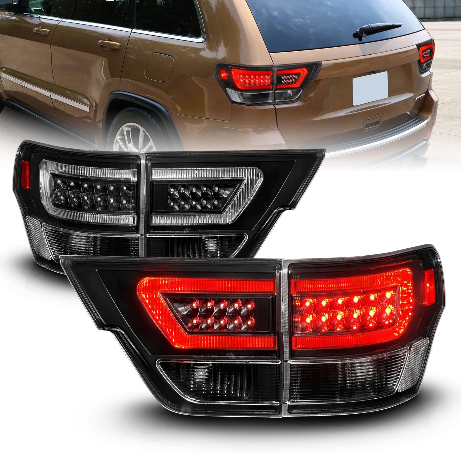 AmeriLite for 2011-2013 Jeep Grand Cherokee WK2 LED Tube Smoke Black Replacement Tail Lights Assembly Set - Passenger and Driver Side