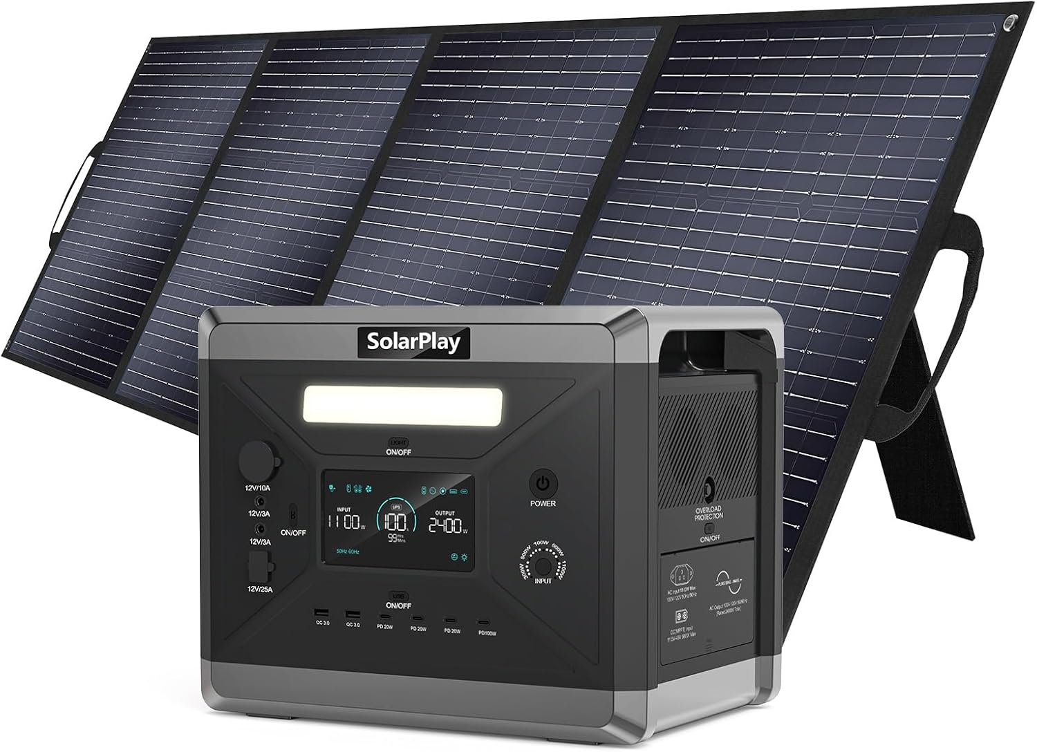 SolarPlay Q2501 Solar Generator with 400W Solar Panel, 2400W/2160Wh Large Capacity Portable Power Station, 4 AC Outlets (4800W Peak), Emergency Power Station for Home, Camping, Outdoor Battery Backup