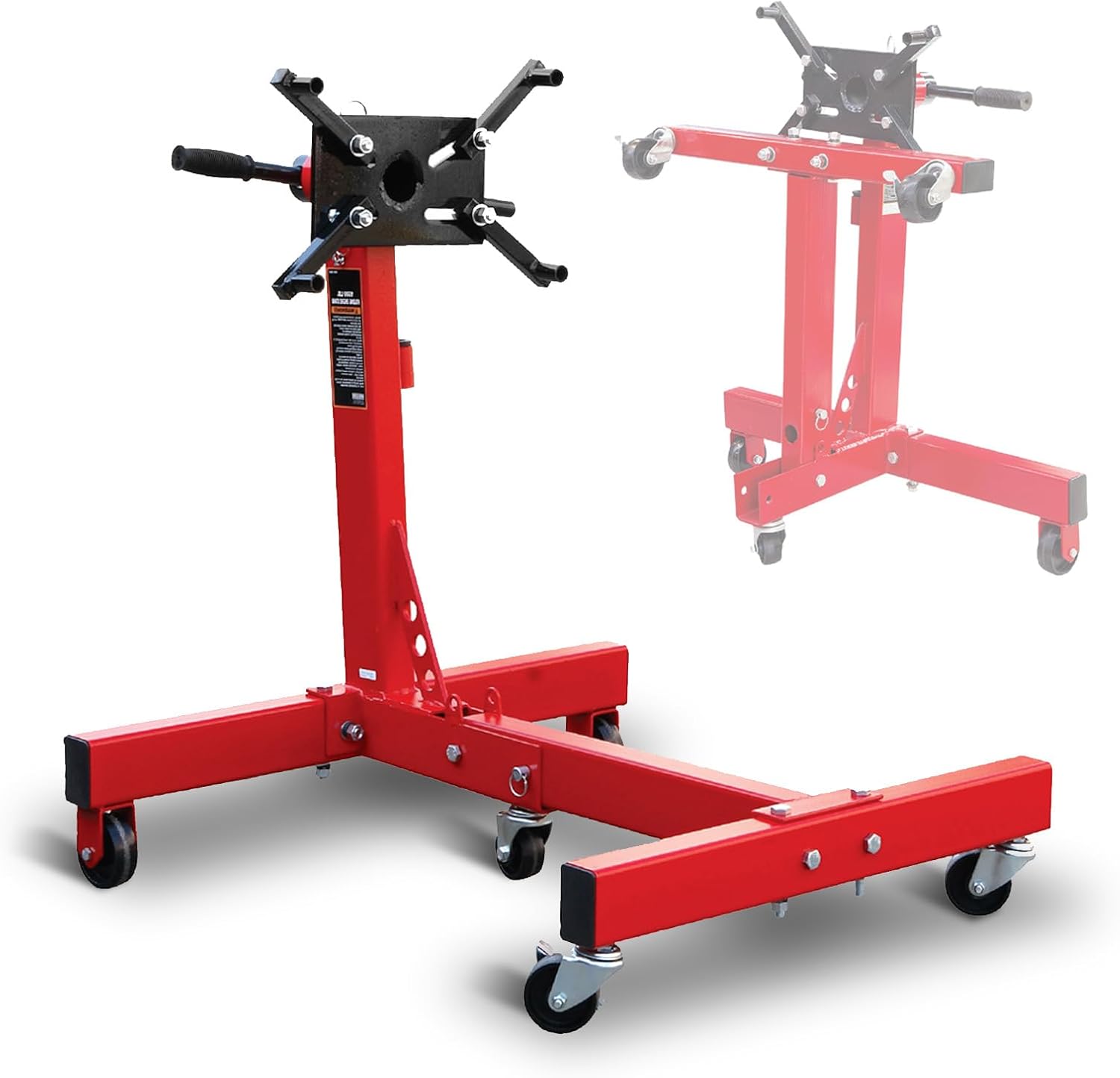 BIG RED T25671-1 Engine Stand,5/8 Ton (1,250 lbs) Capacity,Rotating Engine Motor Stand with 360 Degree Adjustable Head, Extra Tool Storage Tray, 4 Casters and 4 Adjustable Arms,for Auto Repair,Red