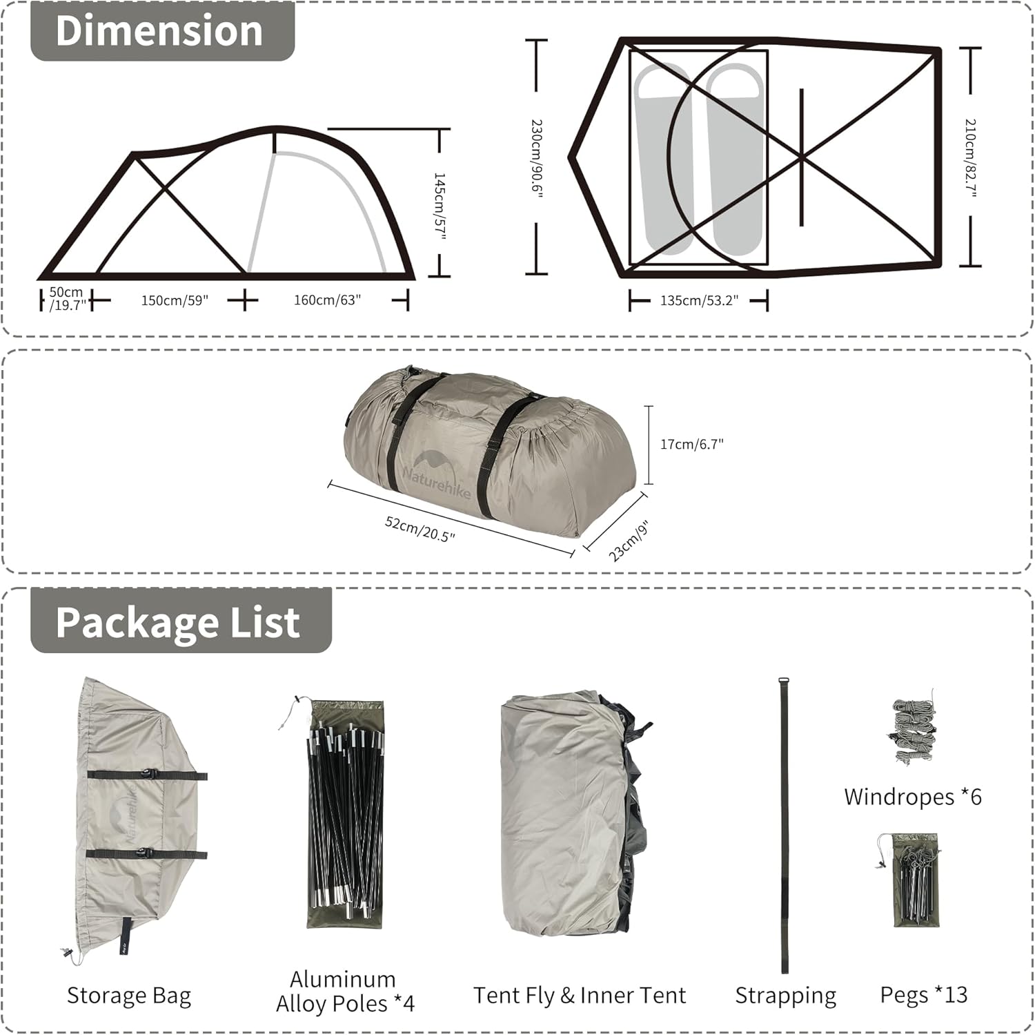 Naturehike Massif 4 Season Beige Windproof Waterproof Polyester Tent, 4 Person, Stove Jack, Camping & Hiking