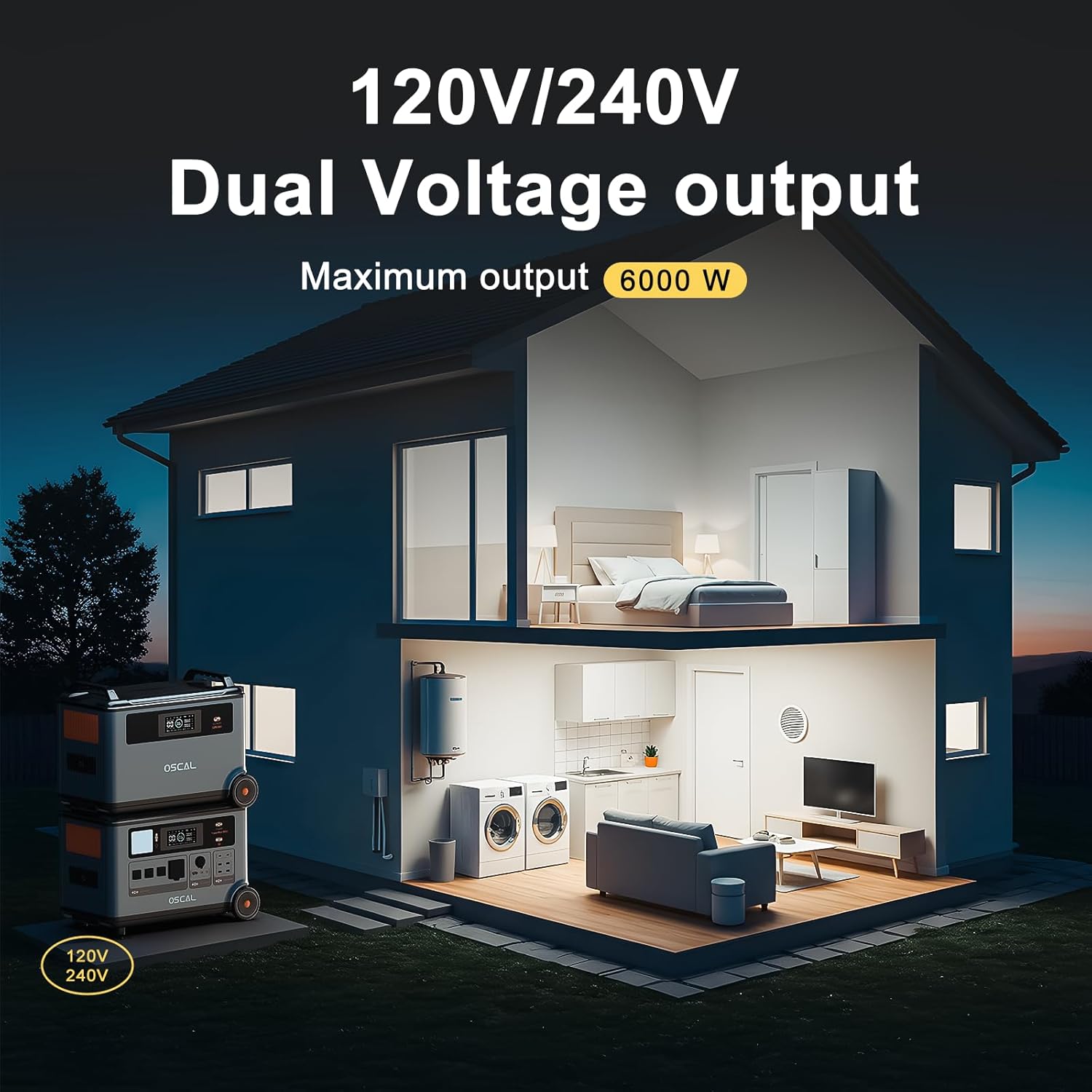 OSCAL PowerMax 6000 Solar Generator, 3600Wh/6000W Power Station with 2x200W Solar Panels, 120V/240V Split Phase Voltage AC Outlets (9000W Peak), 2400W Solar Charging,Emergency for Home,Battery Backup