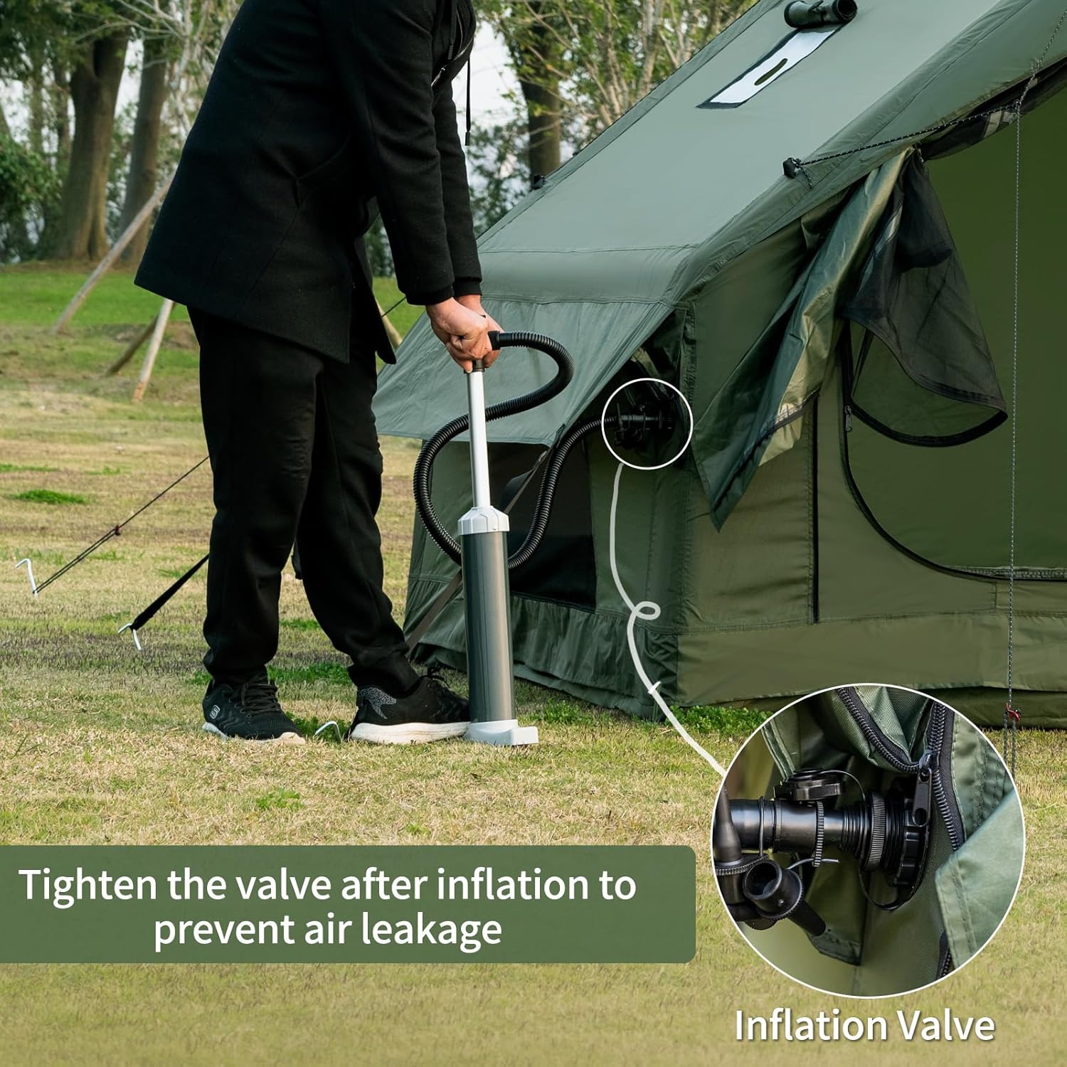 Inflatable Camping Tent with Hand Pump Waterproof Outdoor Blow up Tent Oxford 4 Season Air Tent Cabin House with Mesh Windows & Door 12sq/6sq Green