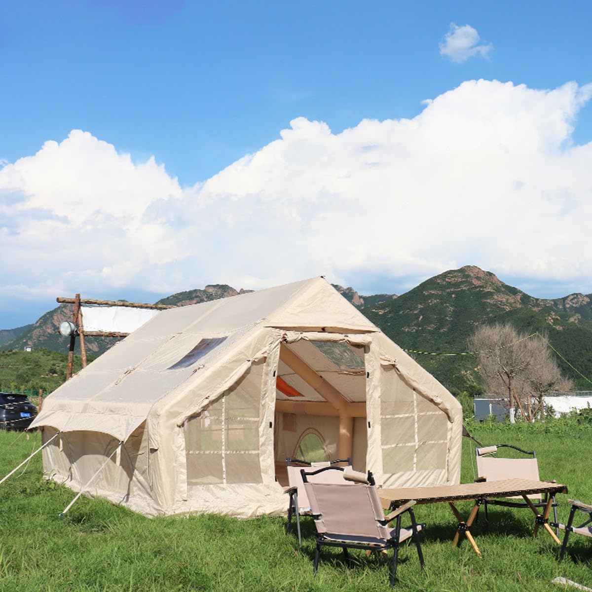 UNIISTRENGH Inflatable Camping Tent, Air Glamping Quick Set Up Waterproof Pop Up Tents with Stove Jack Hole and Carry Bag