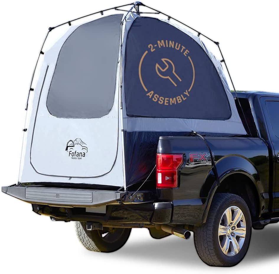 Fofana Truck Bed Tent Pop-Up - Mid-Size, Gray - Quick Setup 2-Person Camping Tent - Waterproof with Mesh Windows & Sewn-in Floor