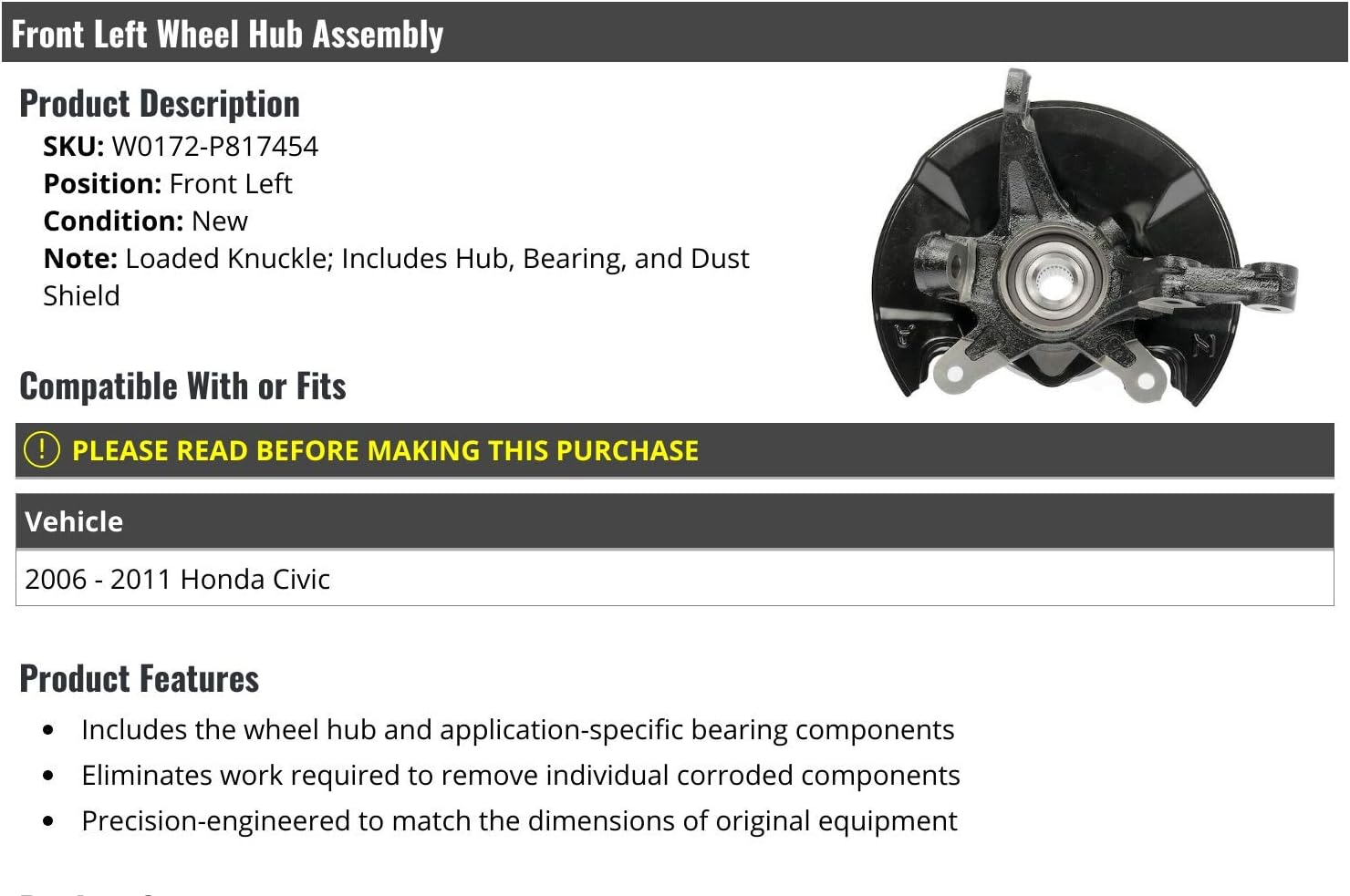 Front Left Driver Side Wheel Bearing Hub Assembly - Loaded Knuckle - Compatible with 2006-2011 Honda Civic