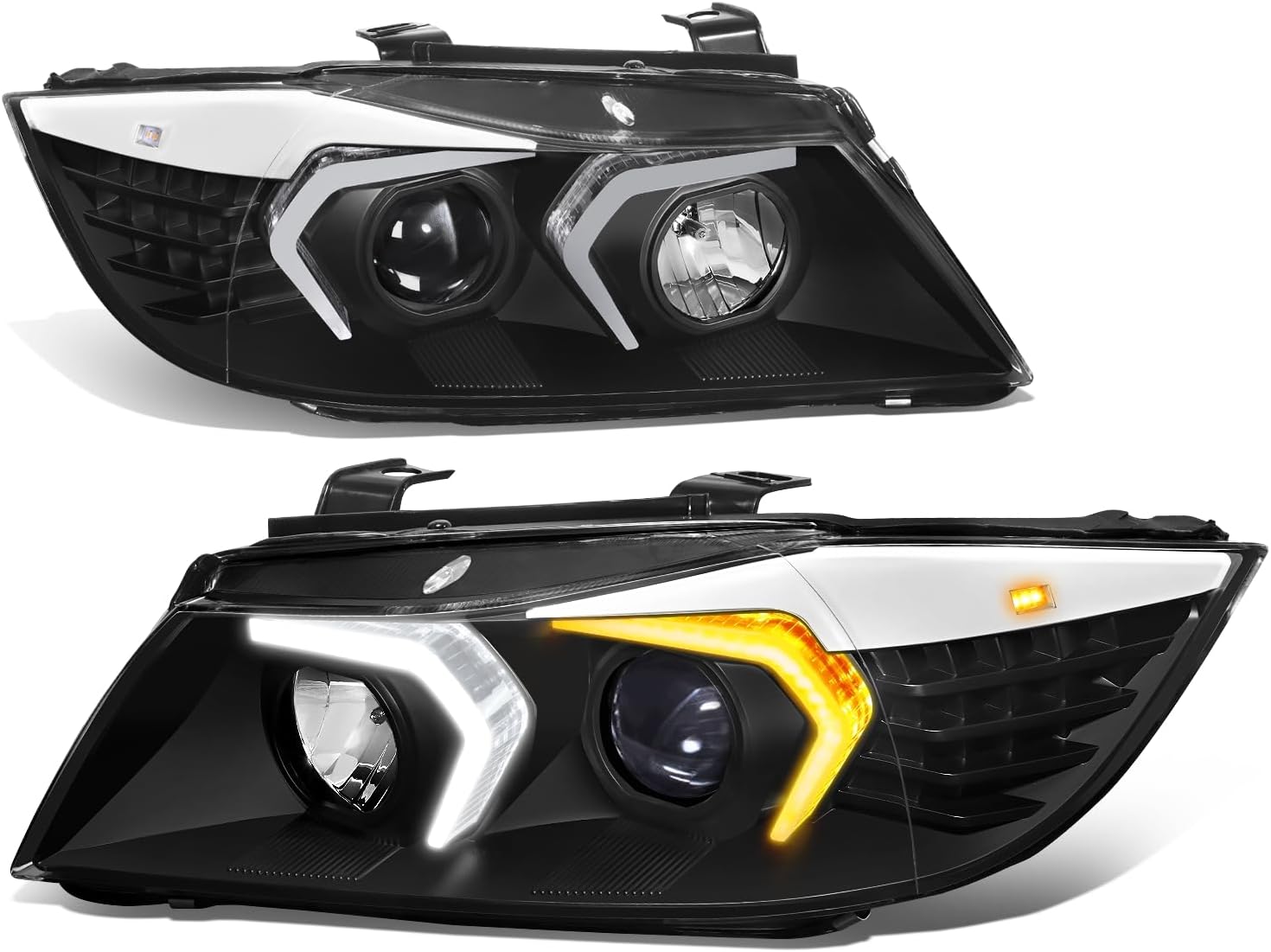 Auto Dynasty LED Halo Headlights Assembly Compatible with 2009-2012 BMW E90 320i 323i 325i 4-Dr Sedan, Left and Right Side, 3D Dual Crystal U-Halo, Projector Low Beam, LED Turn Signal, Black Housing