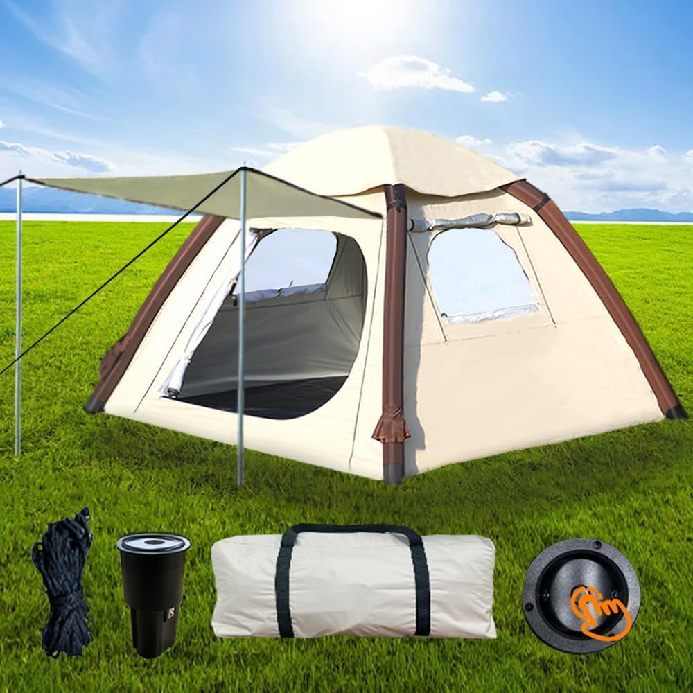 Automatic Inflatable Tent for Camping 4 Person, Pop Up Tents for Camping with 2-3 Min Set Up, Windproof Waterproof Tents with Mosquito Screen Window, Portable Family Camping Tent for Traveling
