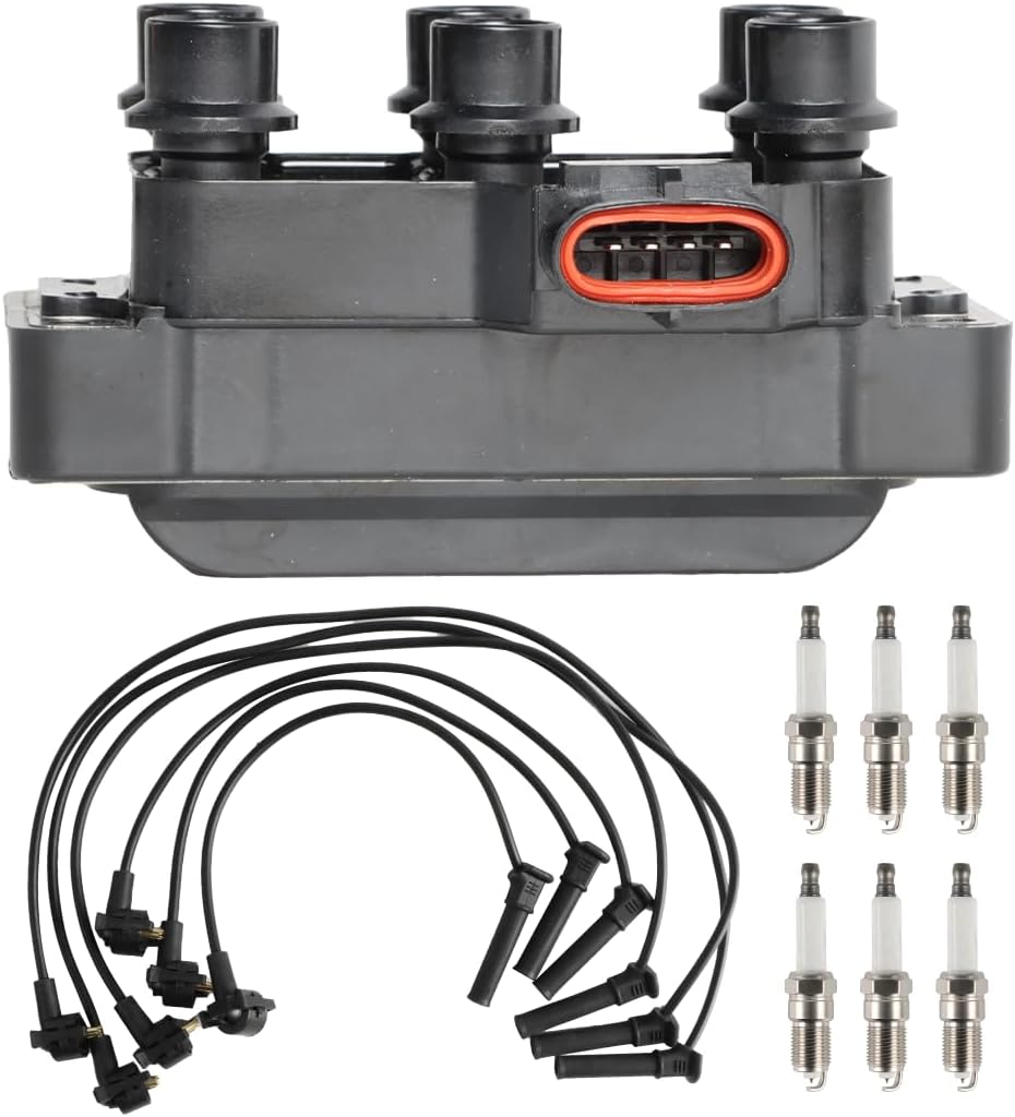 Set of 1 Ignition Coil Pack and 6 Spark Plugs with Wire Set 2001-2011 Compatible with Ford Mustang Ranger 4.0L V6 Replacement for FD480 FD490 26686