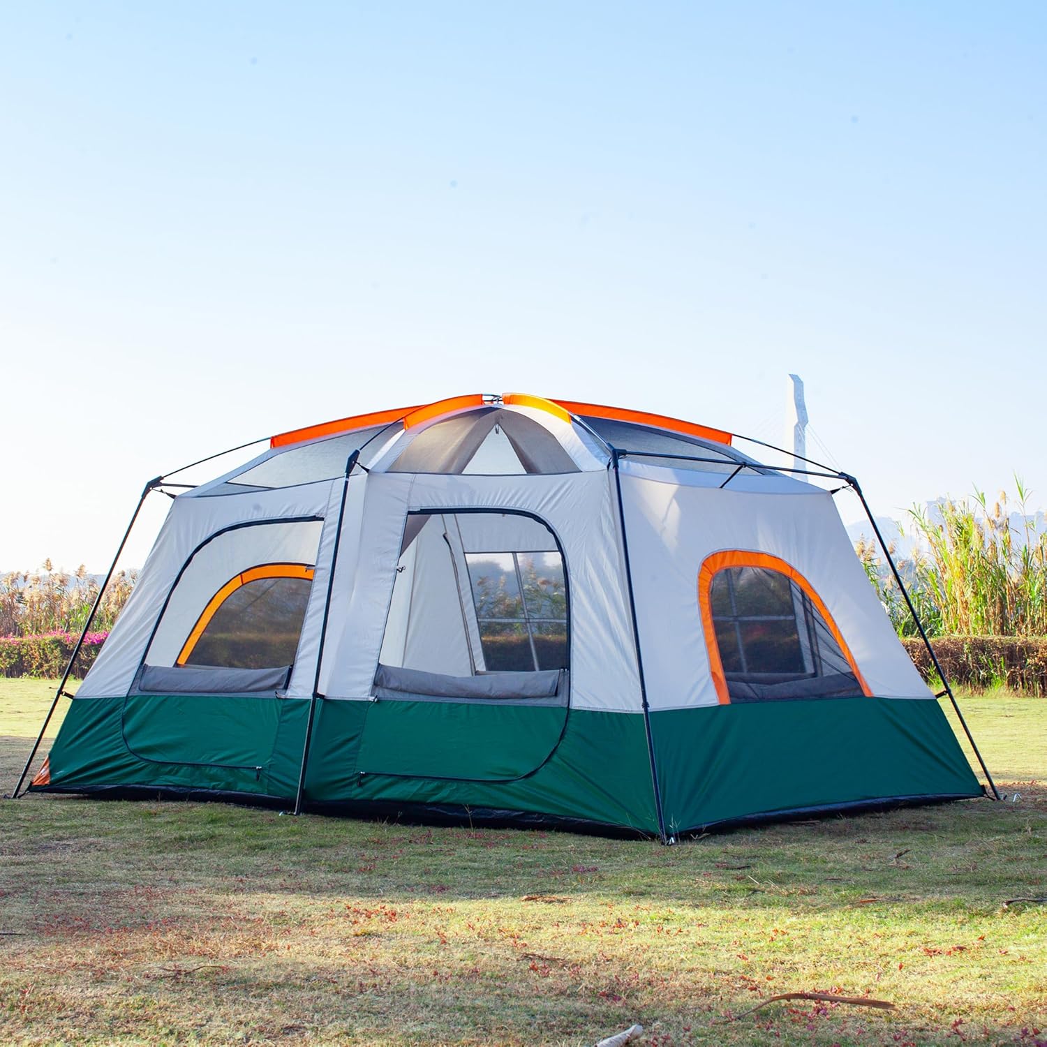 KTT Large Family Cabin Tent 10-12 Person,14.1X10X6.58ft,2 Rooms,3 Storage Pockets,2 Bay-Windows 3 Doors and 3 Windows with Mesh,Straight Wall,Waterproof,Double Layer,Big Tent for Outdoor,Camping