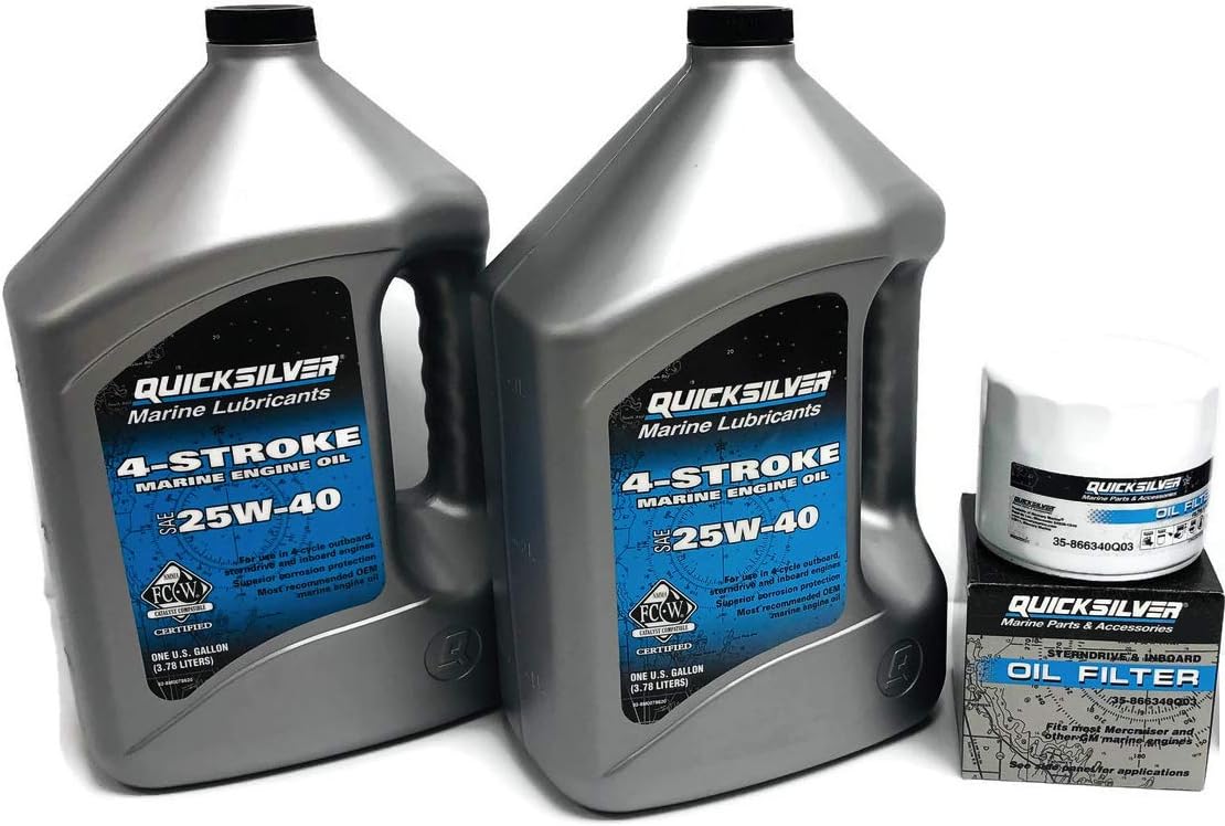 MERCRUISER V8 Quicksilver Oil Change Kit 25W40 8 Qts - 2 Gal w Oil Filter 866340Q03 GM V8 502 Mag MIE 8.2L MCM 390 482 8.1L 454 7.4L 454 Mag 325 427 7.0L