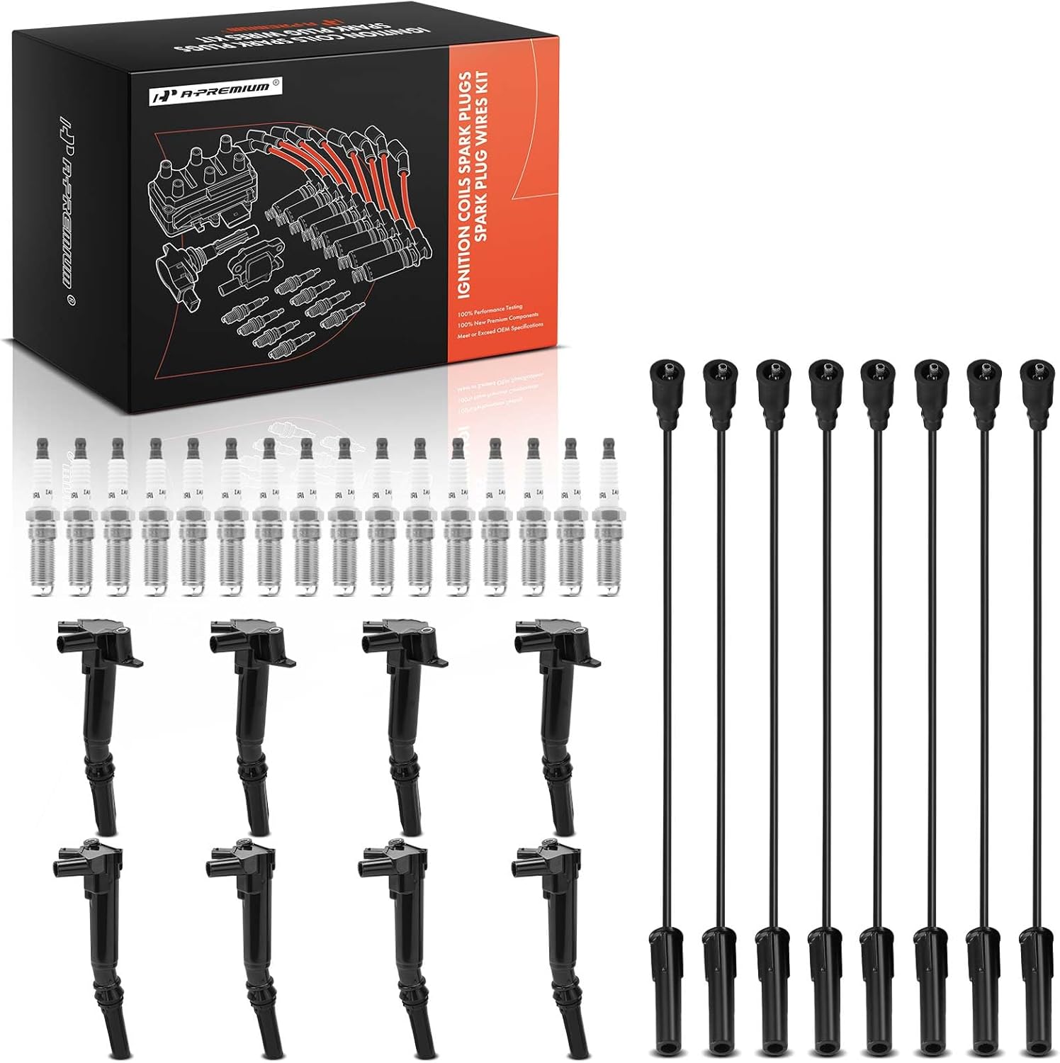 A-Premium 8 Ignition Coils with 8 Spark Plug Wires and 16 Iridium Spark Plugs Compatible with Ford F-250 Super Duty, F-350 Super Duty, 2018 2019 2020 2021 2022, 6.2L