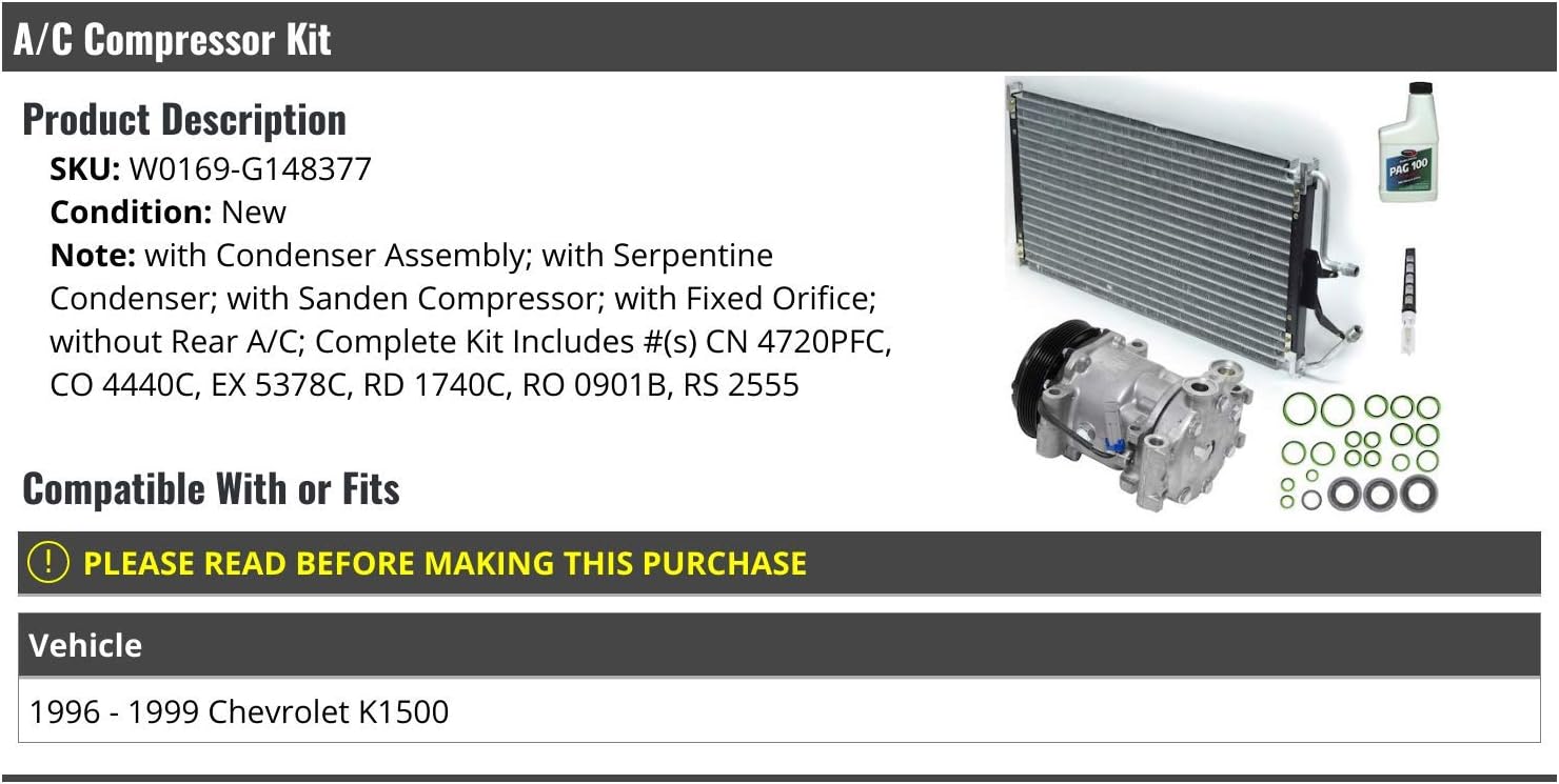 A/C Compressor Kit - Compatible with 1996-1999 Chevy K1500 (without Rear AC)
