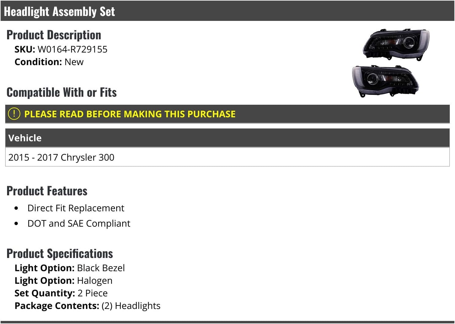 Halogen Headlight Assembly 2 Piece Set - Black Bezel - Compatible With 2015-2017 Chrysler 300