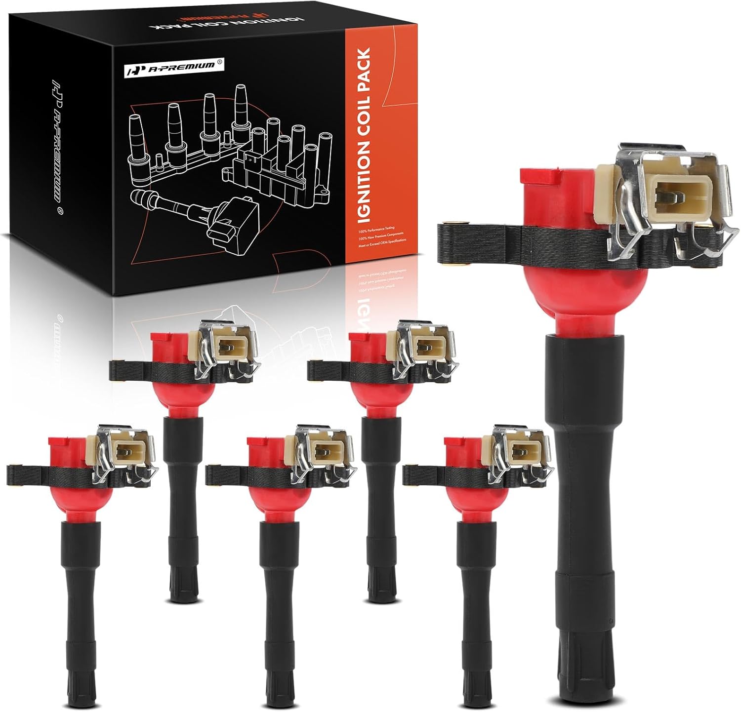 A-Premium (Red) Engine Ignition Coil Pack Compatible with BMW 328i, 323i, 330i, 320i, 323Ci, 328Ci, X5, 530i, 528i, 323is, 328is, M3, Z3 & Rolls-Royce Park Ward & Land Rover Freelander, 6-PC Set