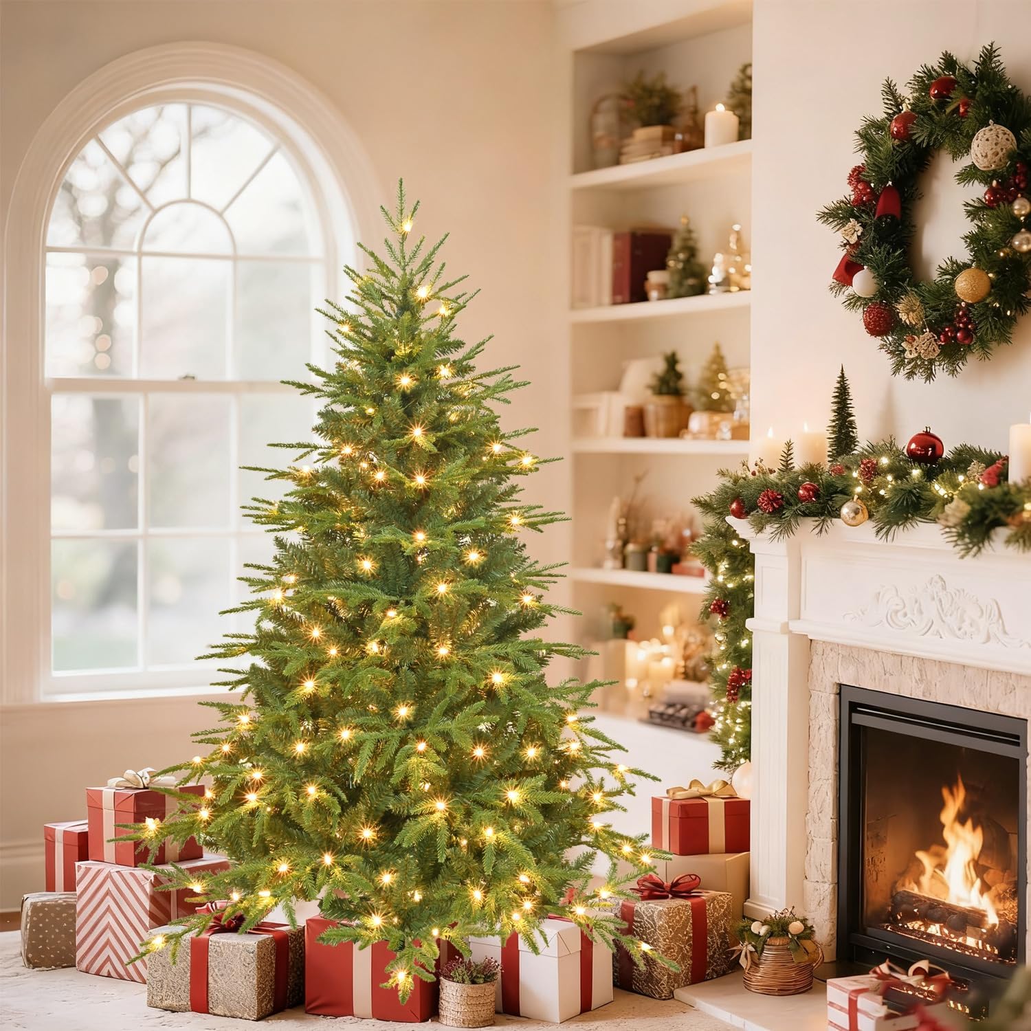 4FT Pre-lit Christmas Tree with Lights,Small Artificial Christmas Tree with 150 Warm White Lights,856 Branch Tips and Foldable Stand,Xmas Tree for Indoor Outdoor Home Party Decor (4FT)