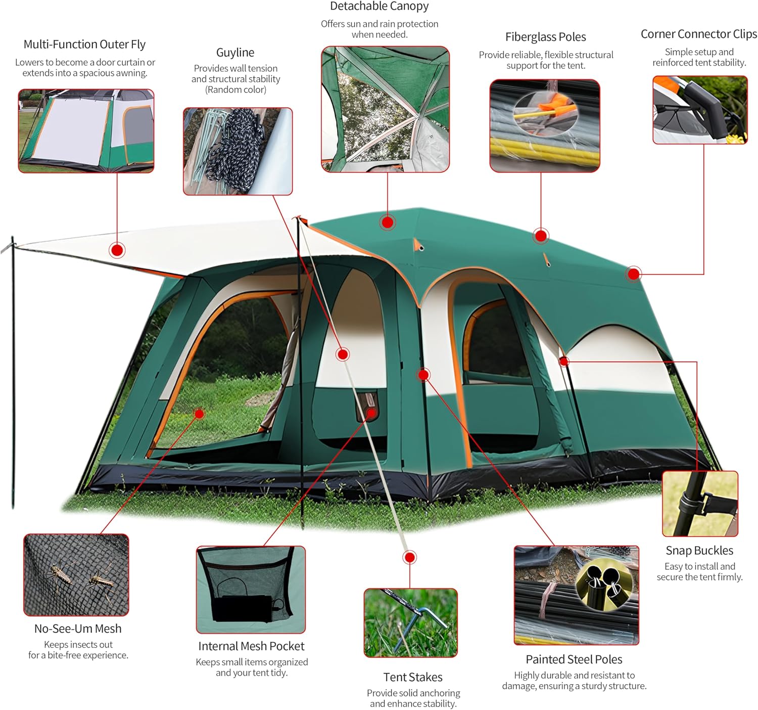 Large Family Camping Tent - 5-12 Person Multi-Room Waterproof Pop-Up Tent with Screened Porch - Glamping Tent for Outdoor Camping & Family Vacation