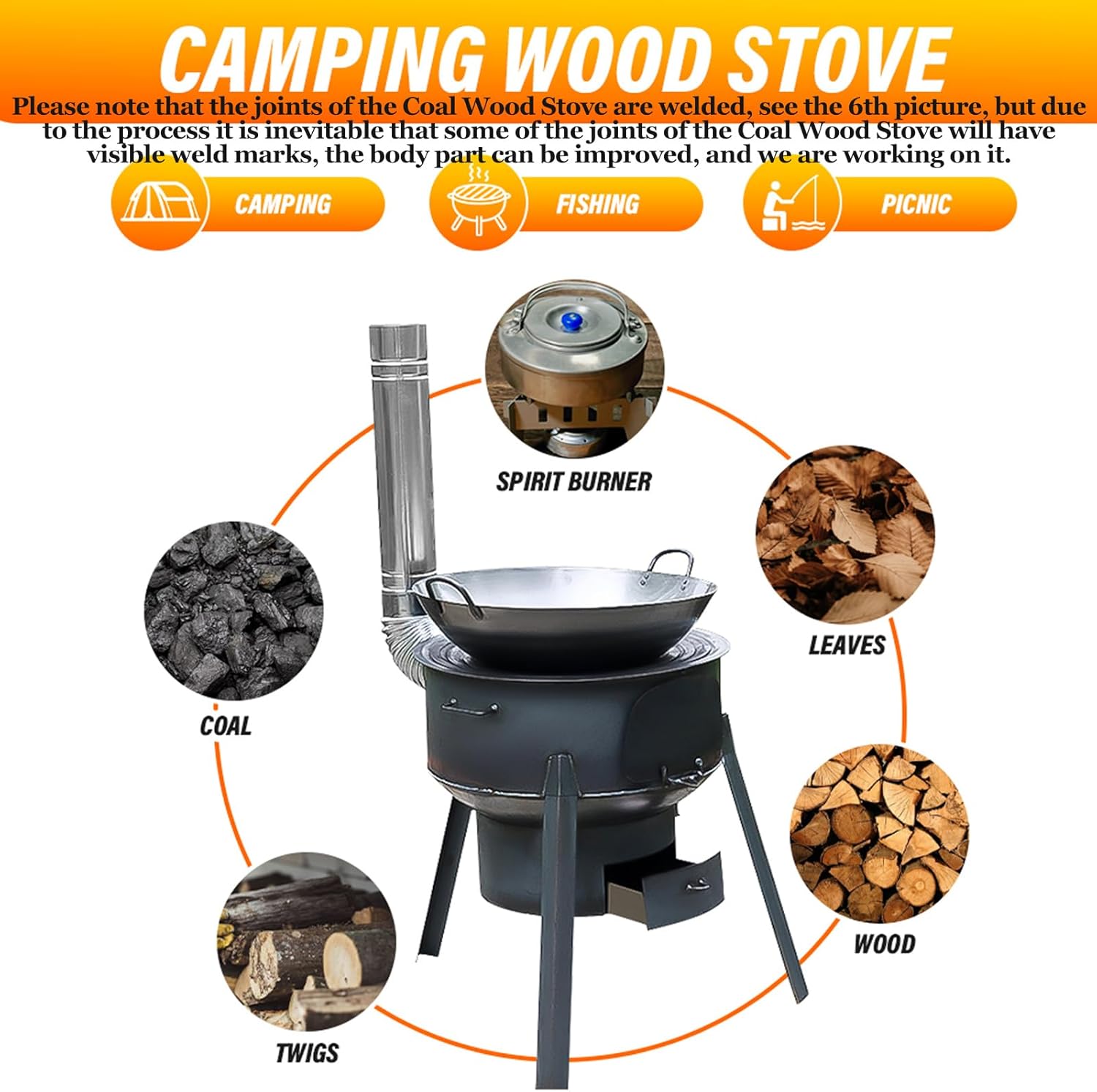 Coal Wood Stove, 1 Set Of Multifunctional Portable Removable Iron Firewood Cooking Stove, Mobile Camping Stove for Outdoor Camping, Tent Heating, Fishing, Cooking (43 cm + 3 oven rings)