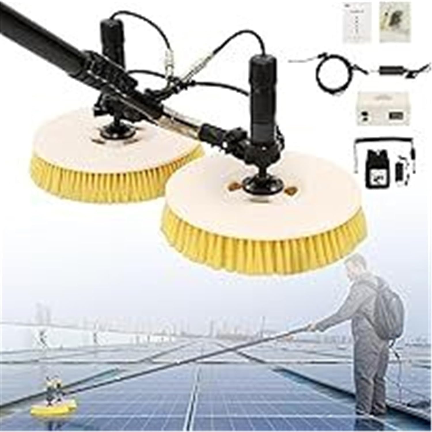 Electric Solar Panel Cleaning Brush， Double Disc Automatic Water Sprayer Cleaning Tool