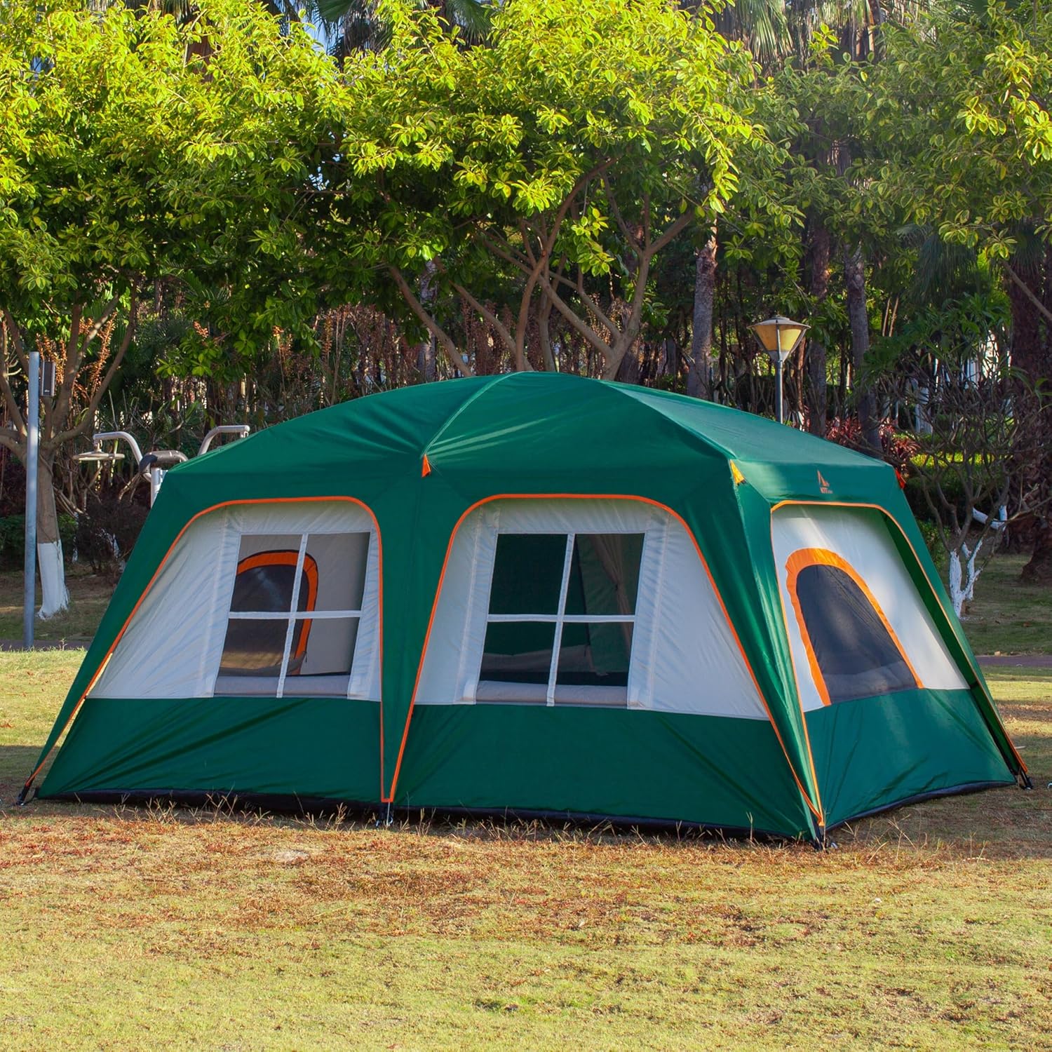 KTT Large Family Cabin Tent 10-12 Person,14.1X10X6.58ft,2 Rooms,3 Storage Pockets,2 Bay-Windows 3 Doors and 3 Windows with Mesh,Straight Wall,Waterproof,Double Layer,Big Tent for Outdoor,Camping