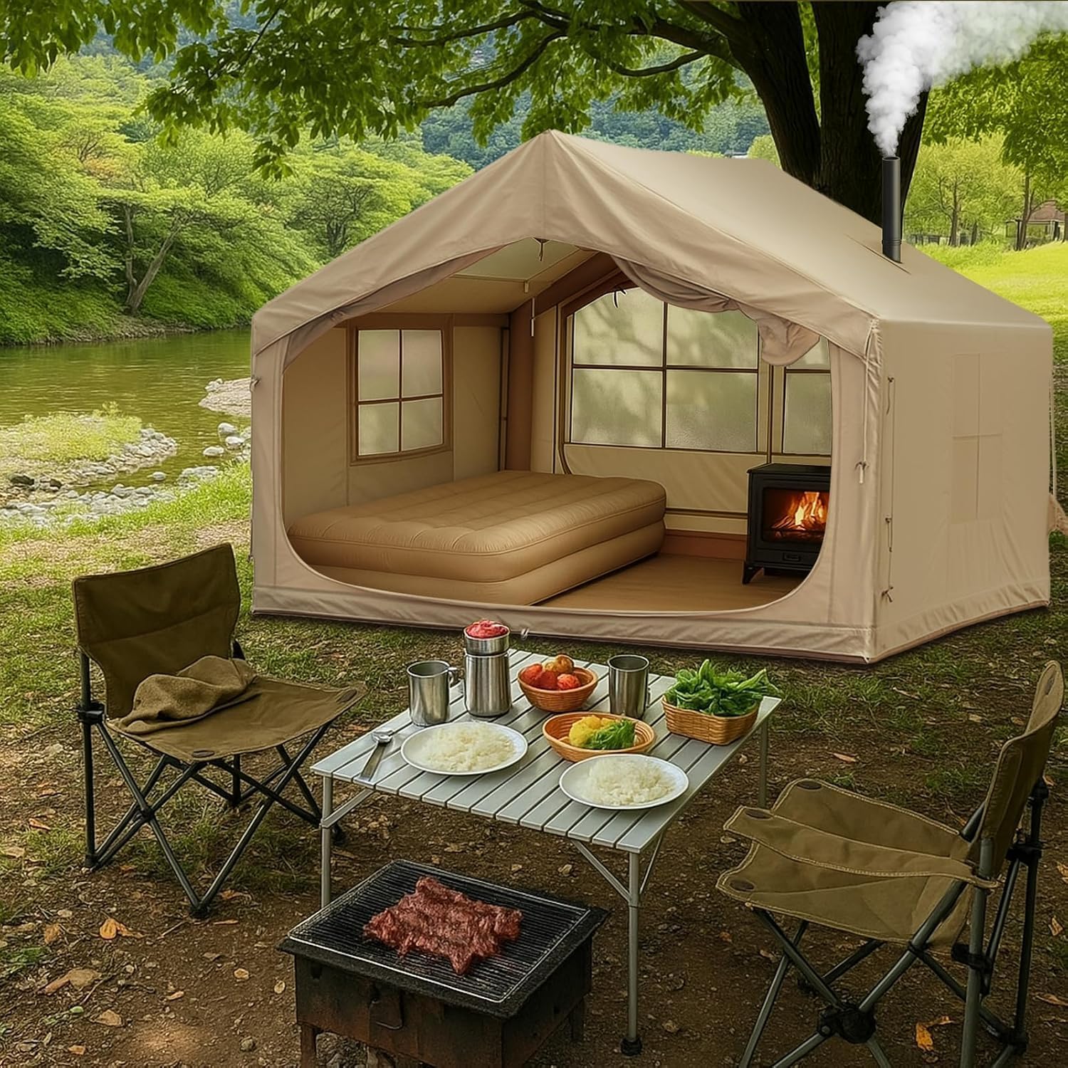 Inflatable Tents for Camping 6-8 Person, Luxury Inflatable Tent with Ac Port, Portable Easy Setup Inflatable Tent House with Stove Jack