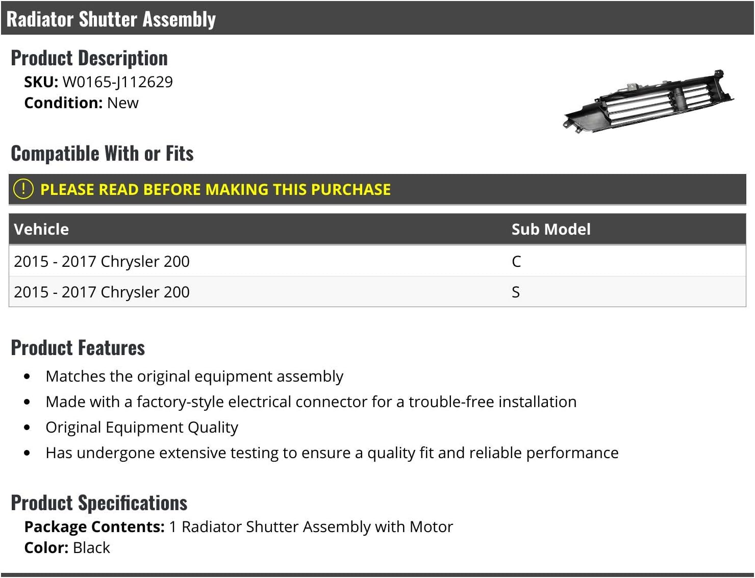Radiator Shutter Assembly - with Motor - Compatible with 2015-2017 Chrysler 200 C/S