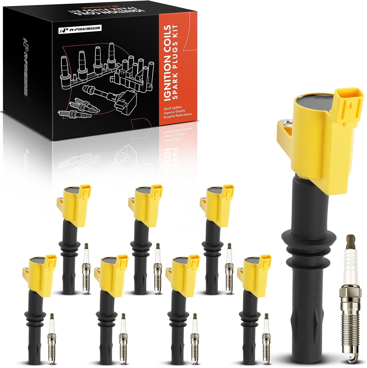 A-Premium Yellow Set of 16 Ignition Coil Pack and Iridium Spark Plugs Compatible with Ford F-150, F-350, F-250 F-350 Super Duty, Explorer, Mustang, Expedition, Explorer Sport Trac
