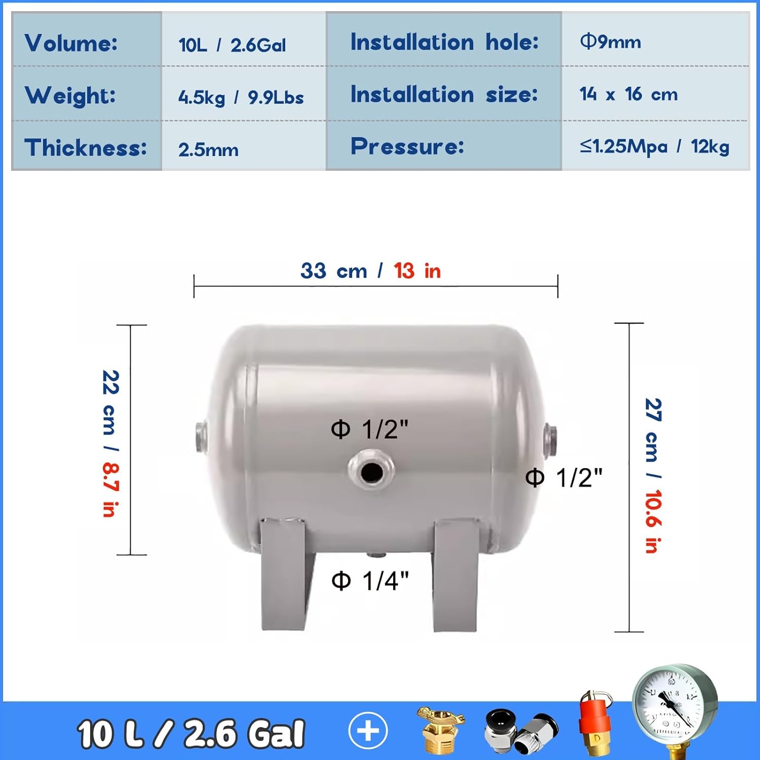 High Pressure Air Tank Kit With/safety Valve, Portable Air Tank Air Reservoir 1 2 3 5 6 8 10 13 15 Gallon, Pressure Gauge, Horizontal Small Air Tank for Car/Truck/Snorkeling(2.6Gal/10L(33x22x27cm))