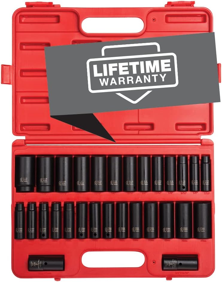 SUNEX TOOLS 5153DD, 1/2 Inch Drive Master Impact Socket Set, Double Deep, 29-Piece, SAE/Metric, 7/16
