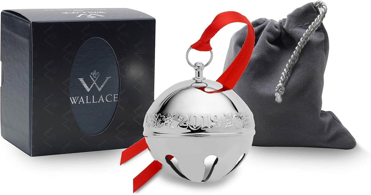 Wallace 5237618 2019 Silver Sleigh Bell-49th (Holly & Ornaments) Plated Christmas Holiday Ornament, 49th Edition