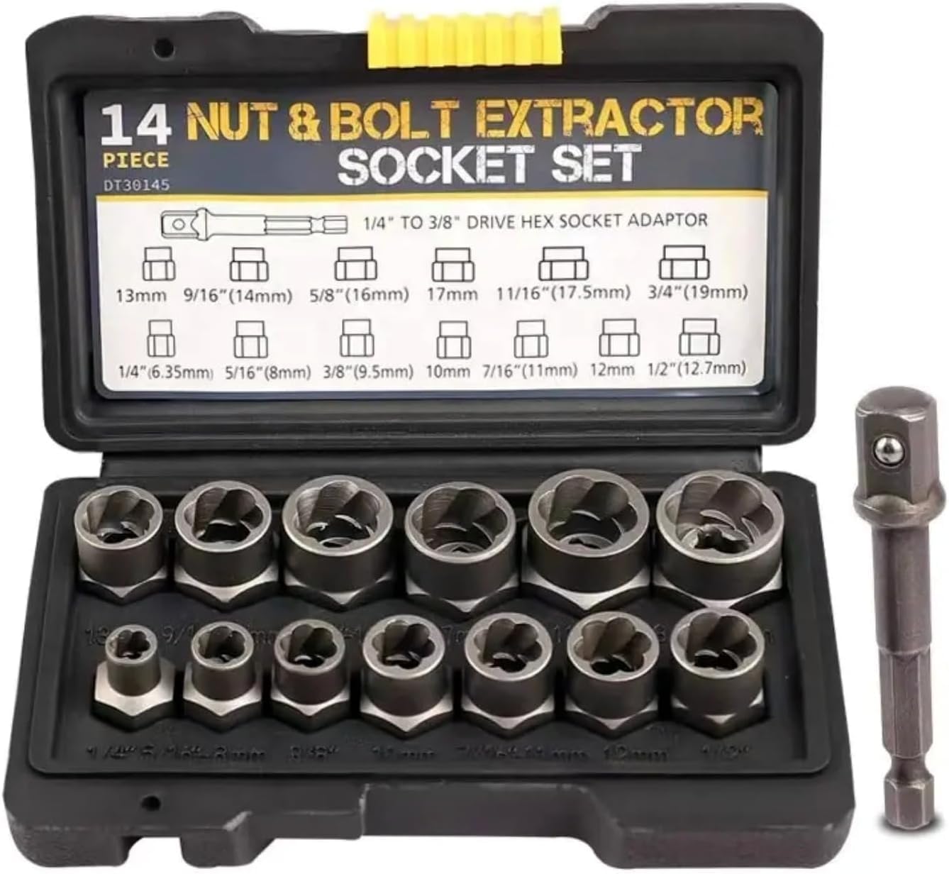 14-Piece Impact & Nut r Set, 3/8”Lug Nut Extractor Socket Tool Set, Damaged Nut r with Hex Adapter for Removing Stripped, Damaged, Rounded off and Rusted olts & Nuts