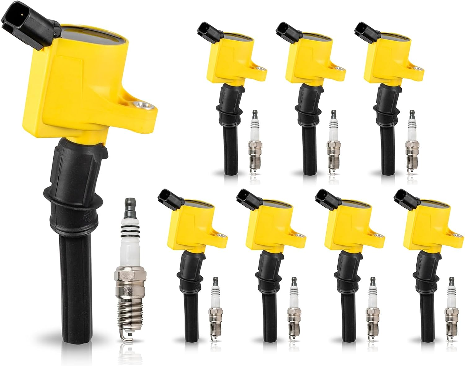 ENA 8 Yellow Ignition Coil Pack and Spark Plug Compatible with Mercury Ford Mustang Crown Victoria F150 E150 E250 Expedition Explorer Navigator Town Car Grand Marquis 4.6L V8 Replace# FD503 SP413