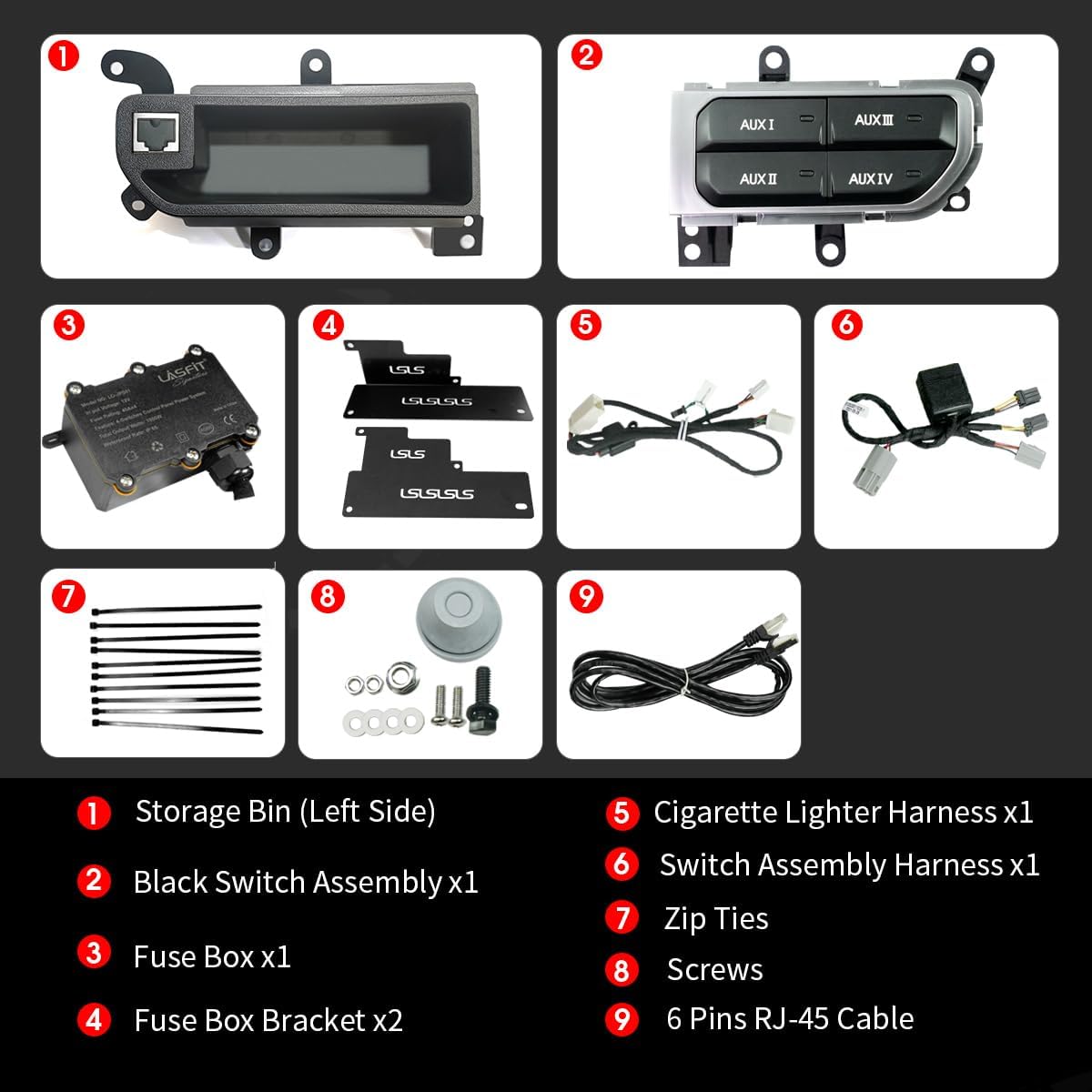 LASFIT Auxiliary Switch Bank Kit, OEM Style Plug&Play Aux Switch Panel Dash 4 Buttons with Left Storage Bin 4x30A for Wrangler JL 2018-2025 & Gladiator JT 2019-2025, Black