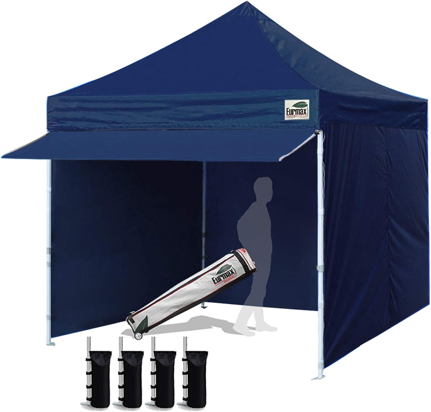 Eurmax USA 10 x 10 Pop up Canopy Commercial Tent Outdoor Party Canopies with 4 Removable Zippered Sidewalls and Roller Bag Bonus 4 Canopy Sand Bags & 24 Squre Ft Extended Awning(White)