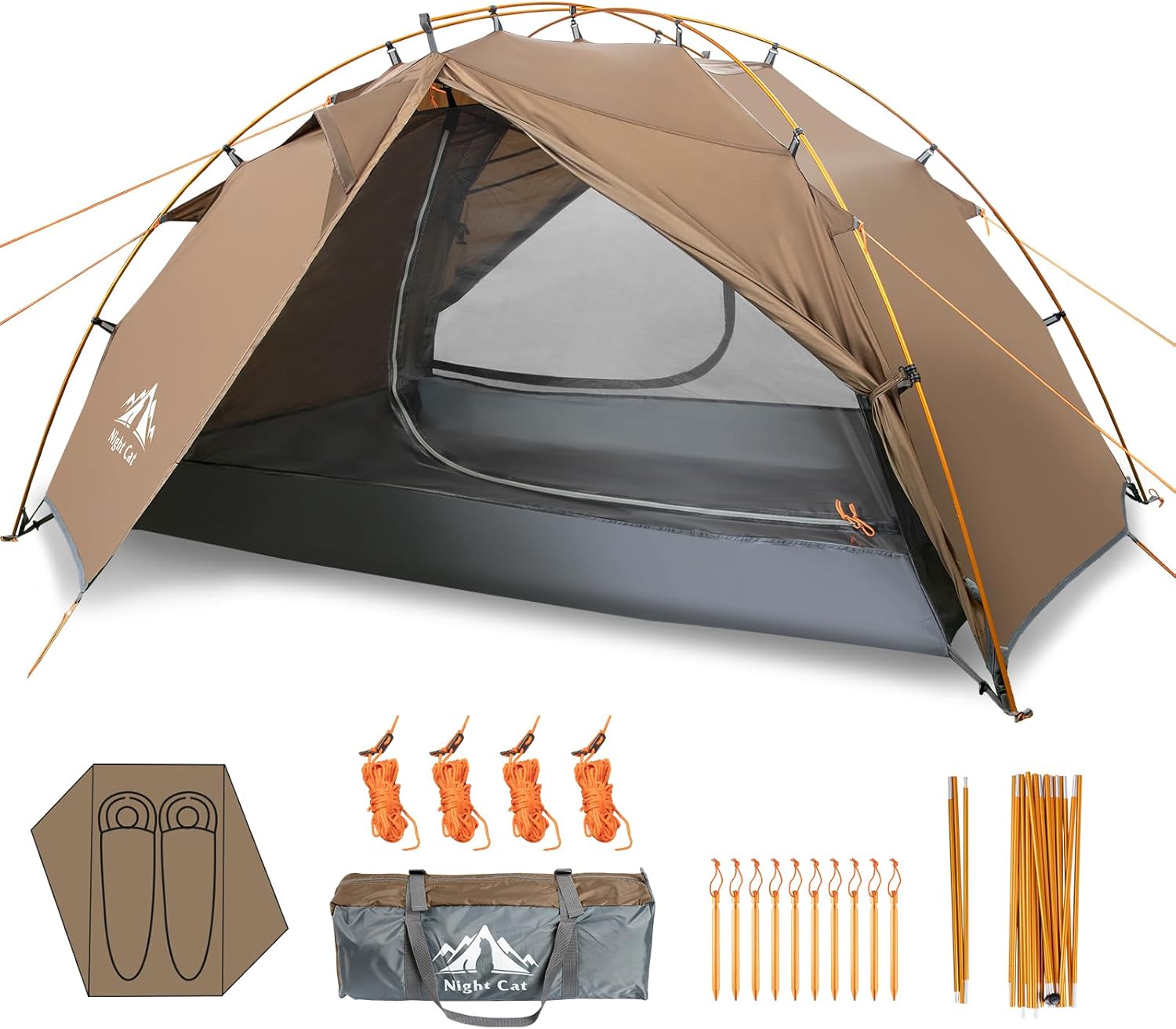 Night Cat Backpacking Tents 2 Persons Fast Setup Hiking Camp Tent with Foldable Pole Double Layers Two Doors Waterproof Lightweight Compact 7x4.4ft