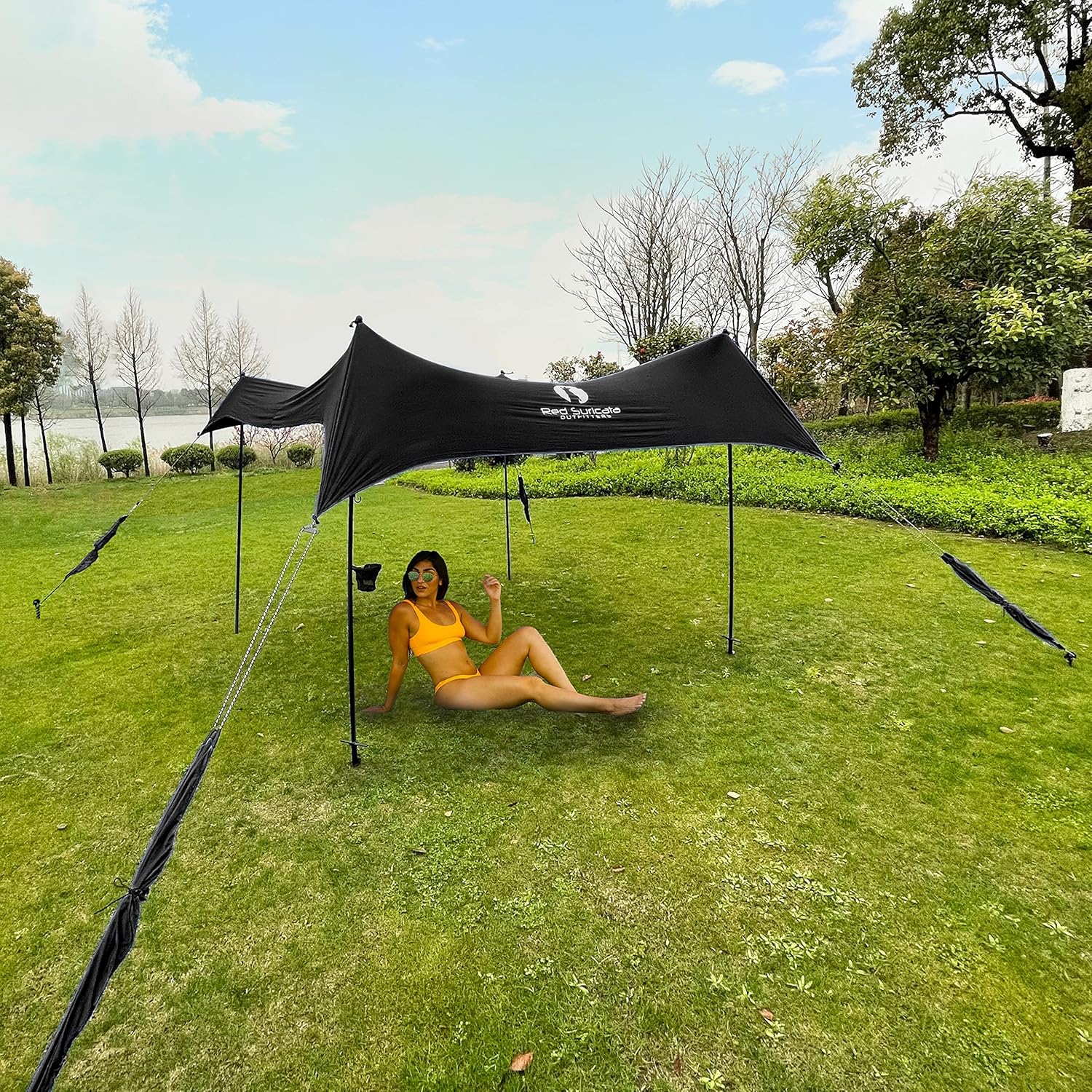 Red Suricata Premium Multi-Terrain Beach Tent & Beach Canopy in Backpack, UPF50 Sun Beach Shade, Pop Up Camping & Picnic Sunshade with 4 Poles, 4 Pole Anchors & 4 Tent Screws, Sun Shelter (Lrg Blue)