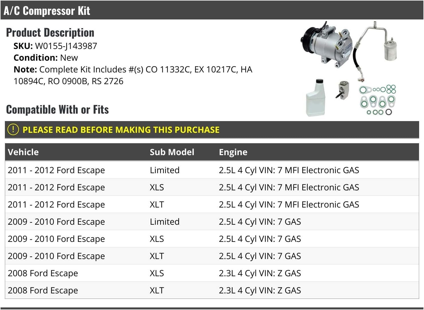 A/C Compressor Kit - Compatible with 2008-2012 Ford Escape