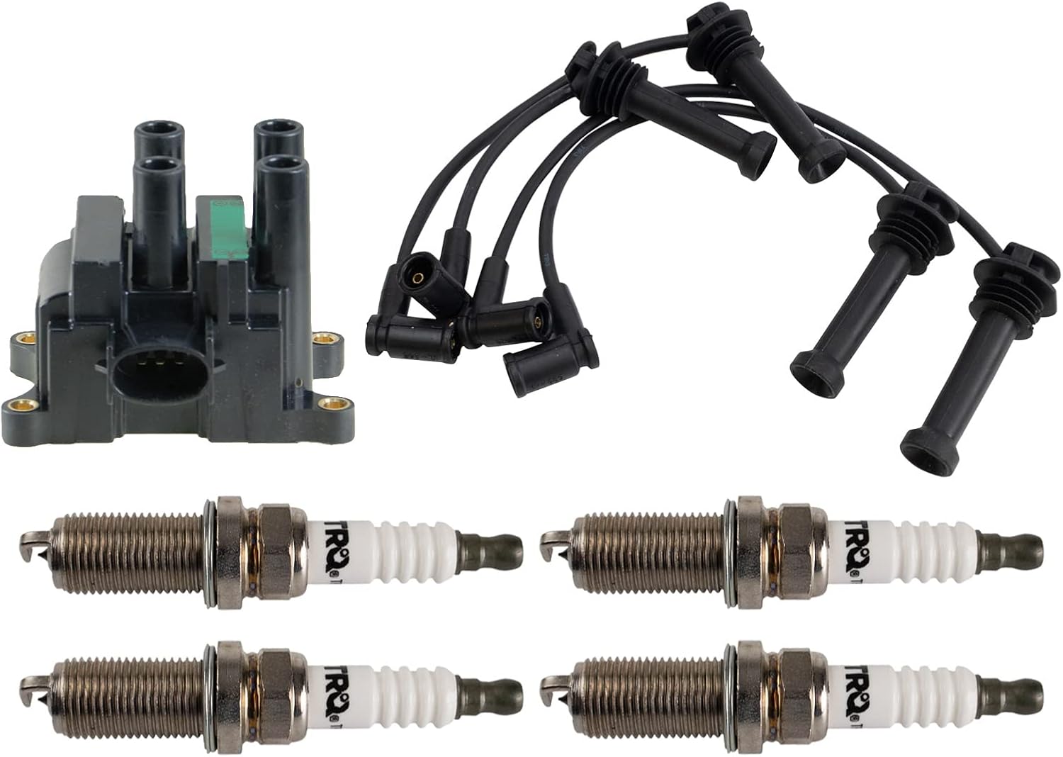 TRQ Ignition Kit Ignition Coil Spark Plugs Wire Set Compatible with 2002-2004 Ford Focus
