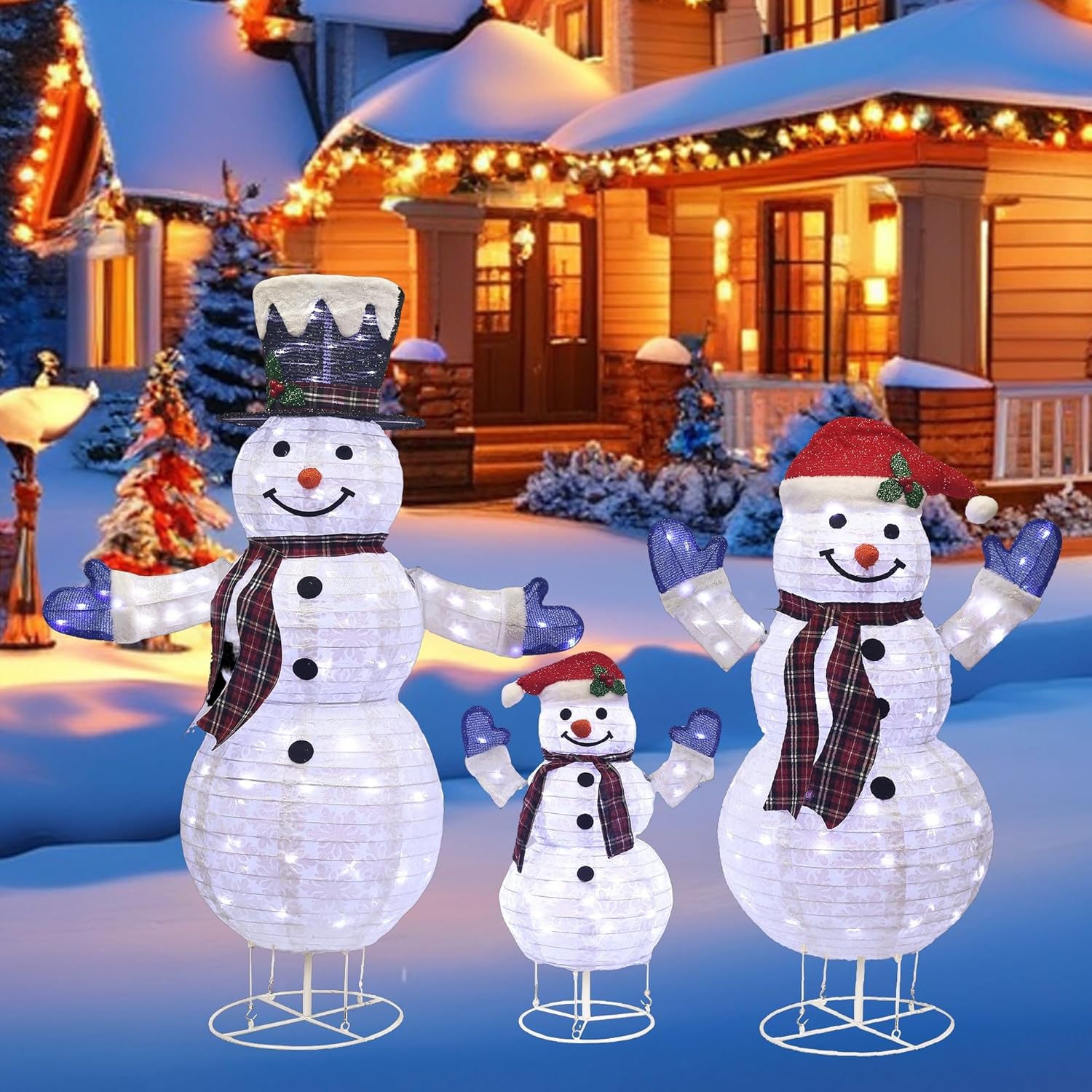 4-Piece 3D Outdoor Snowman Decorations Lighted Christmas Yard Decorations Collapsible Snowmen Yard Decor for Yard Patio with LED Lights & Stakes