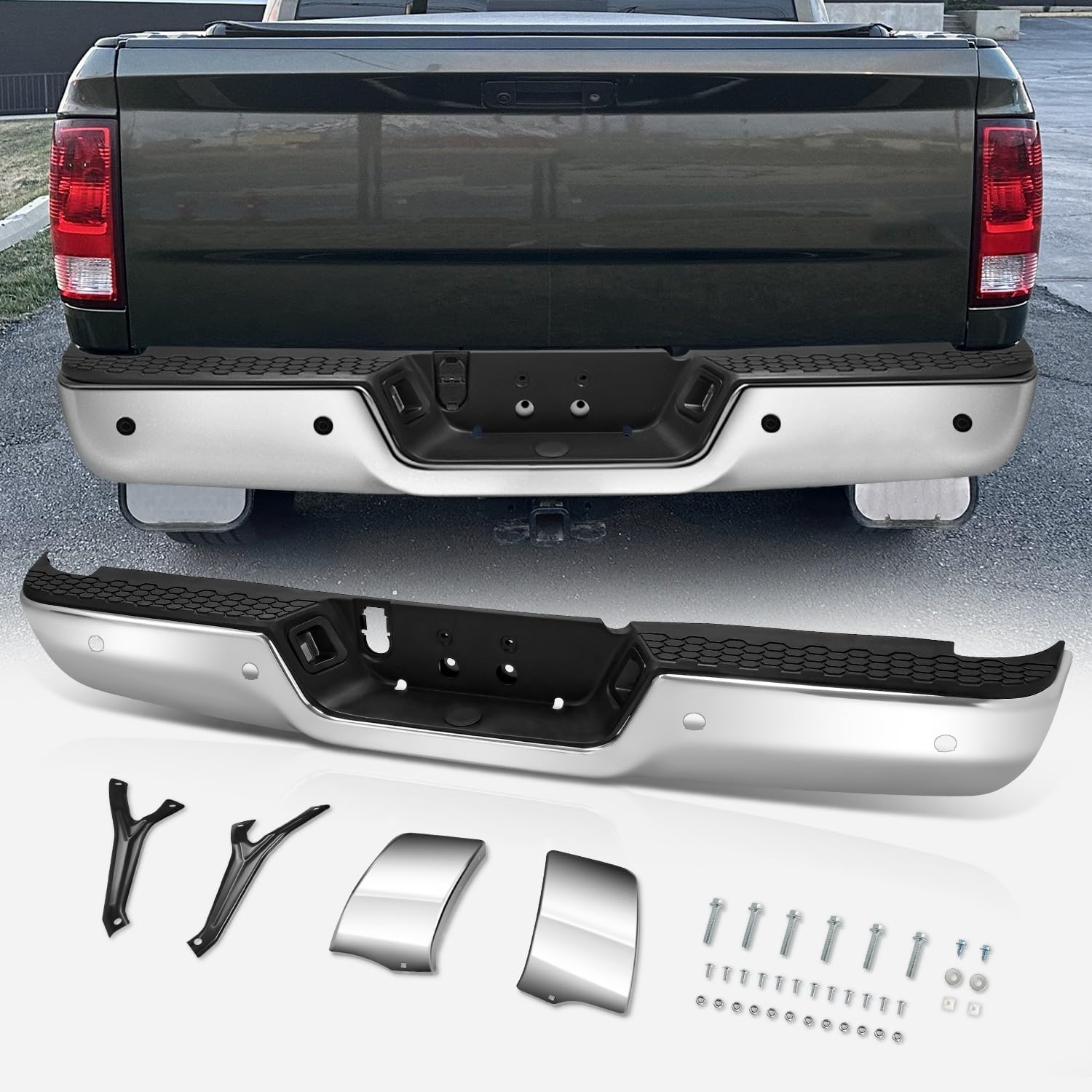 Auto Dynasty Rear Bumper Step Pad Compatible with 2009-2024 Dodge Ram 1500 Classic 2500 3500, Protector Cover w/License Plate Lights, Parking Sensor Holes; w/o Dual Exhaust, CH1103122, Polished Chrome