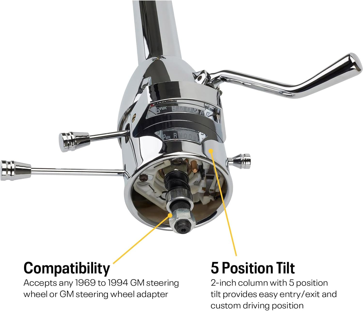 Universal GM 32-Inch Tilt Steering Column with Shifter: 5-Position Adjustable, Built-In GM Turn Signal & Hazard Flashers, Compatible with OE & Aftermarket Wiring, Chrome