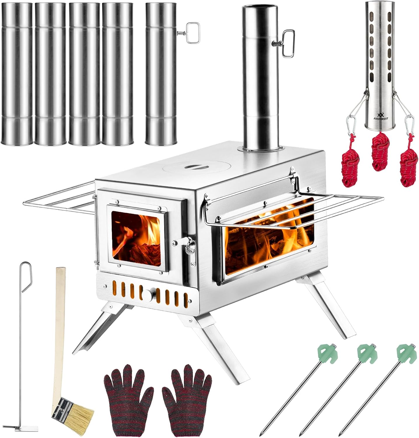 Hot Tent Stove,AVOFOREST Wood Burning Stove,Small Wood Stove with 7 Stainless Chimney Pipes for Outdoor Heating & Cooking, Ice Fishing, Hunting