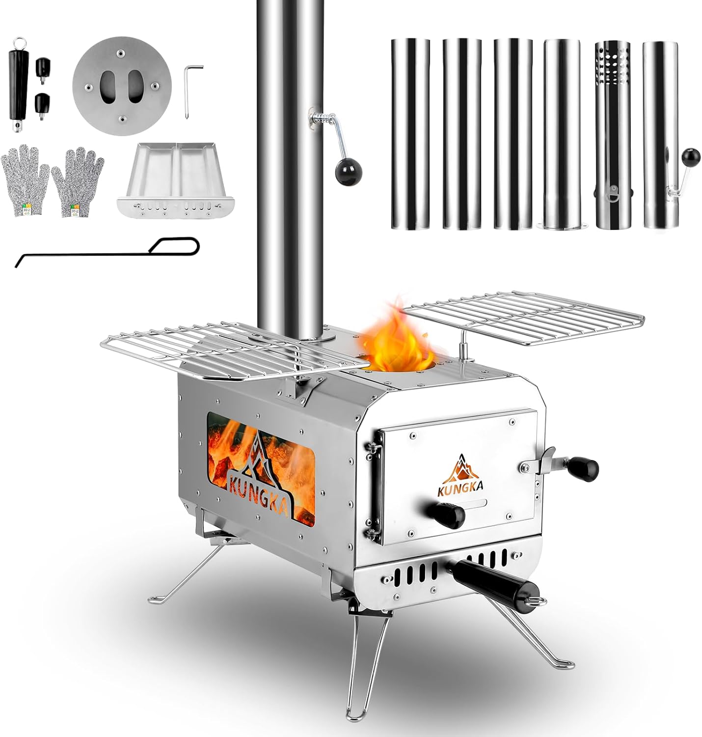 Tent Stove, 7.3ft height Portable Wood Burning Stove, Small Stainless Steel Hot Tent Stove with 6 Chimney Pipes for Outdoor Heating, Cooking, Hunting & Ice Fishing