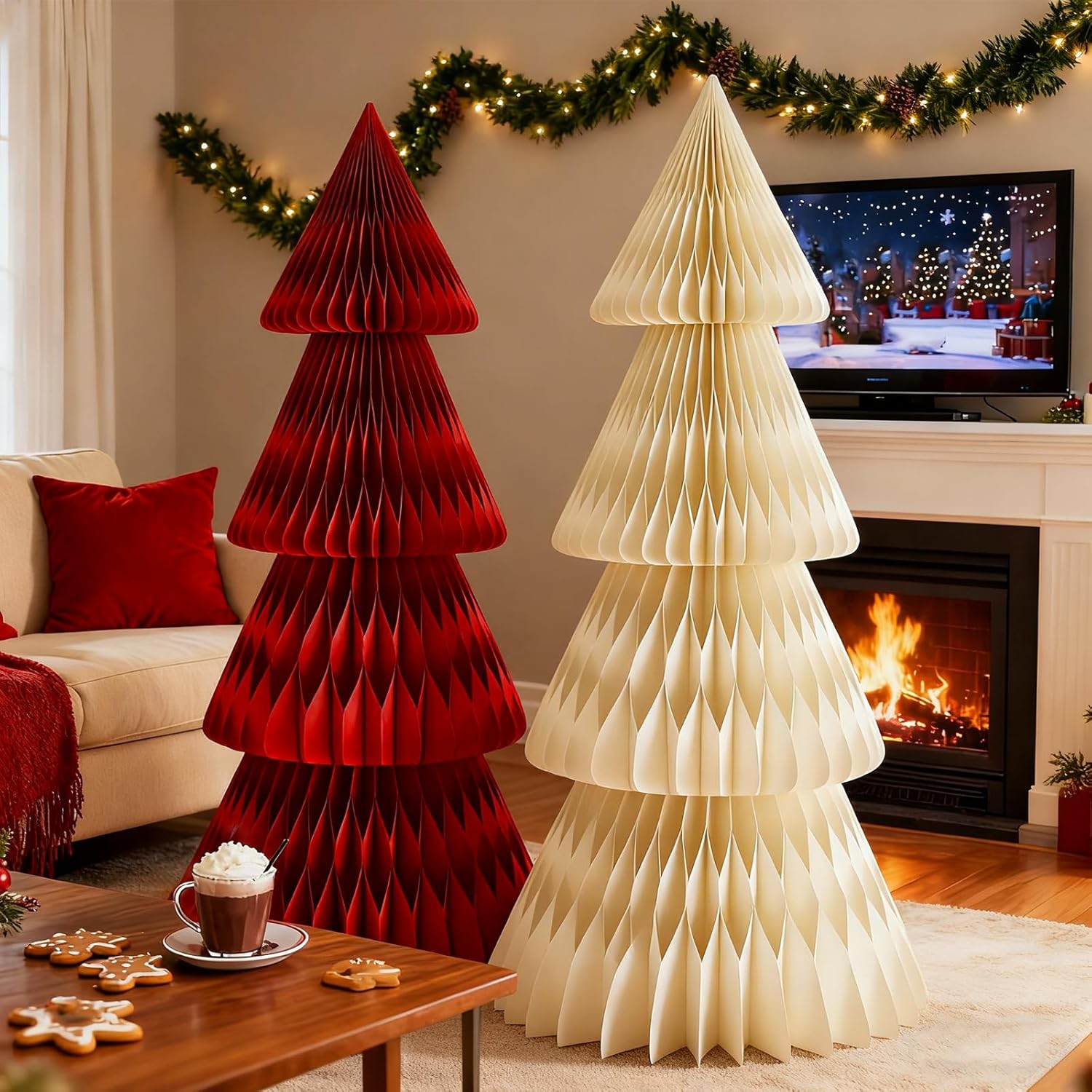 5ft Paper Honeycomb Tree - Cardboard Style 3D Xmas Papers Table Ornament Folding Trees, Effortless Assembly and Storage, for Xmas, Holiday Party Weddings Decor (Red)