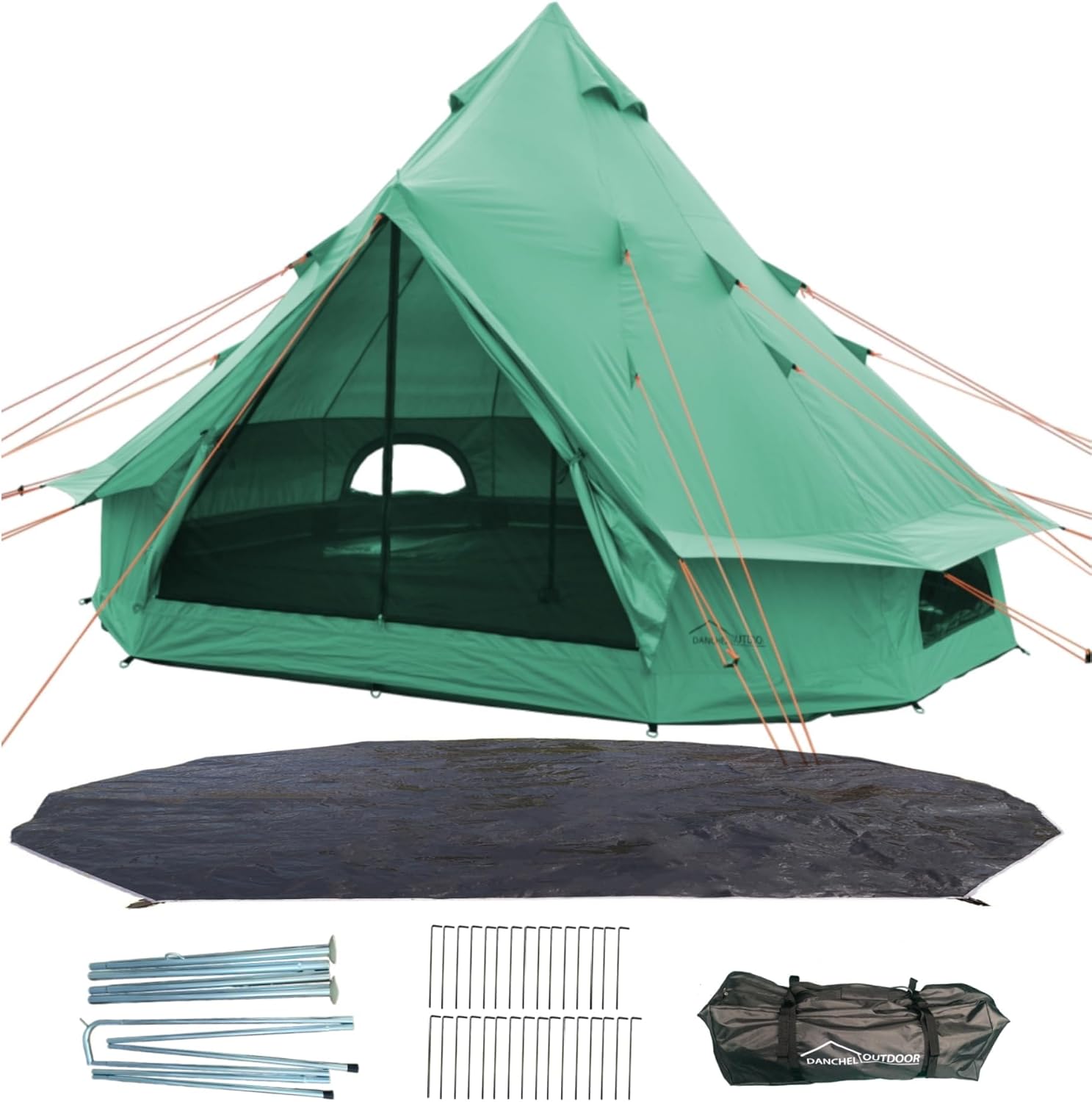 DANCHEL OUTDOOR B1 Portable Yurt with Footprint, Waterproof 4-6 Persom Family Camping Bell Tent 300D Oxford Nylon UPF50+ Sun Protection, Green 13ft/4m