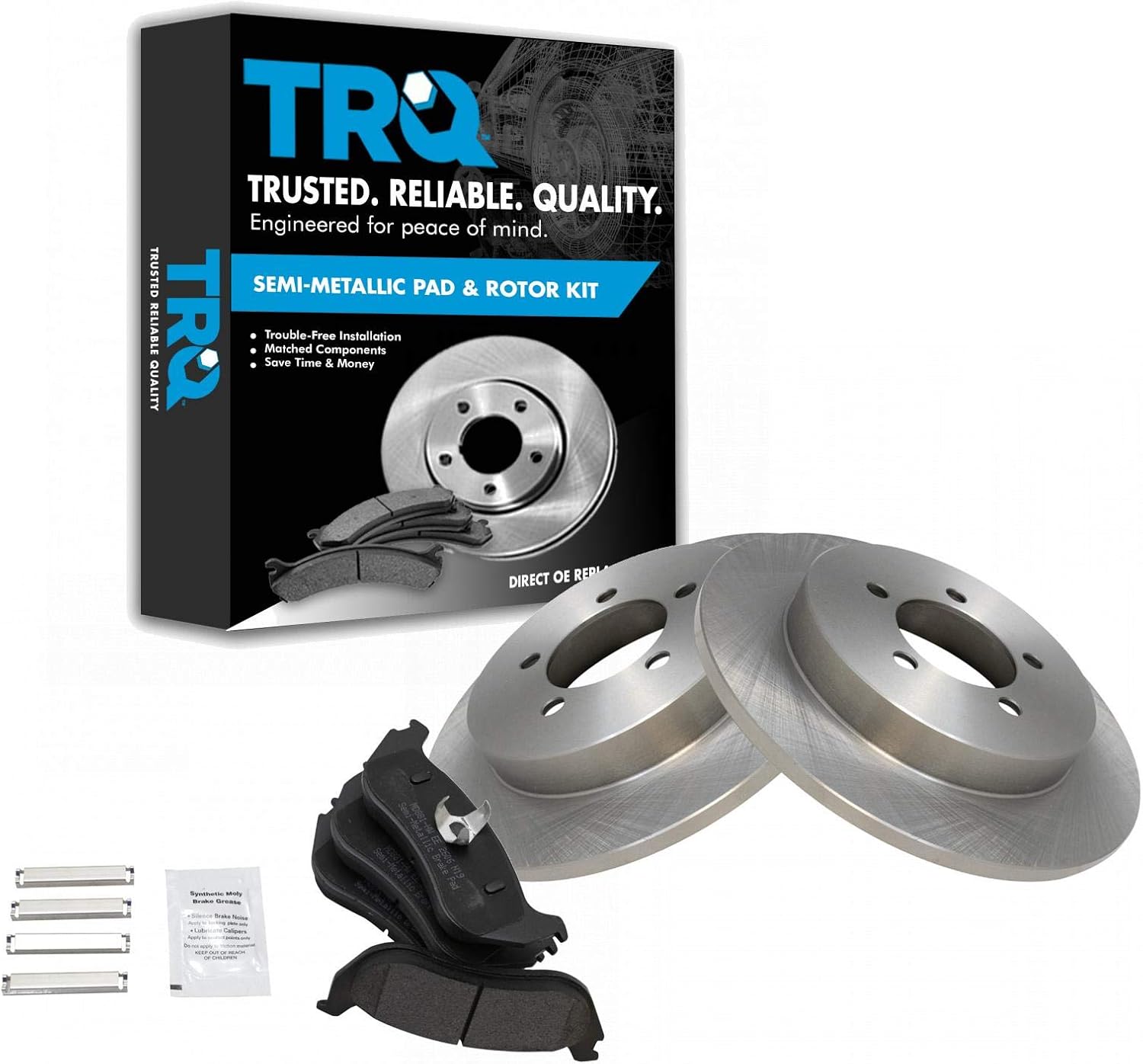 TRQ Rear Brake Pad and Rotor Set Semi Metallic Solid Rotors Compatible with 1997-2001 Honda Prelude
