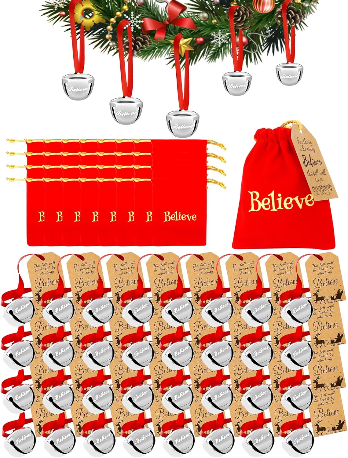 108PCS Christmas Believe Bell Ornaments, Polar Express Bell, Silver Sleigh Bell Christmas Party School Classroom Indoor Outdoor Decor Supplies (108)