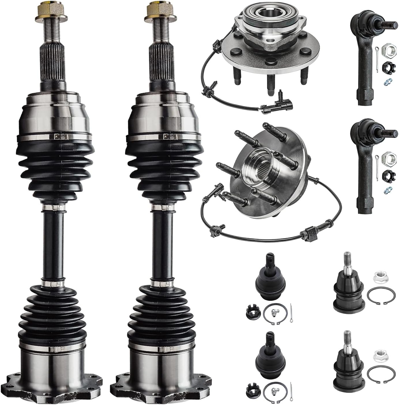 Detroit Axle - 10pc Front Wheel Bearing Hubs CV Axles Kit for Silverado Sierra Avalanche Suburban 1500 Tahoe Yukon Escalade 2 Wheel Bearing Hubs 2 CV Axles 2 Outer Tie Rods 4 Ball Joints Replacement