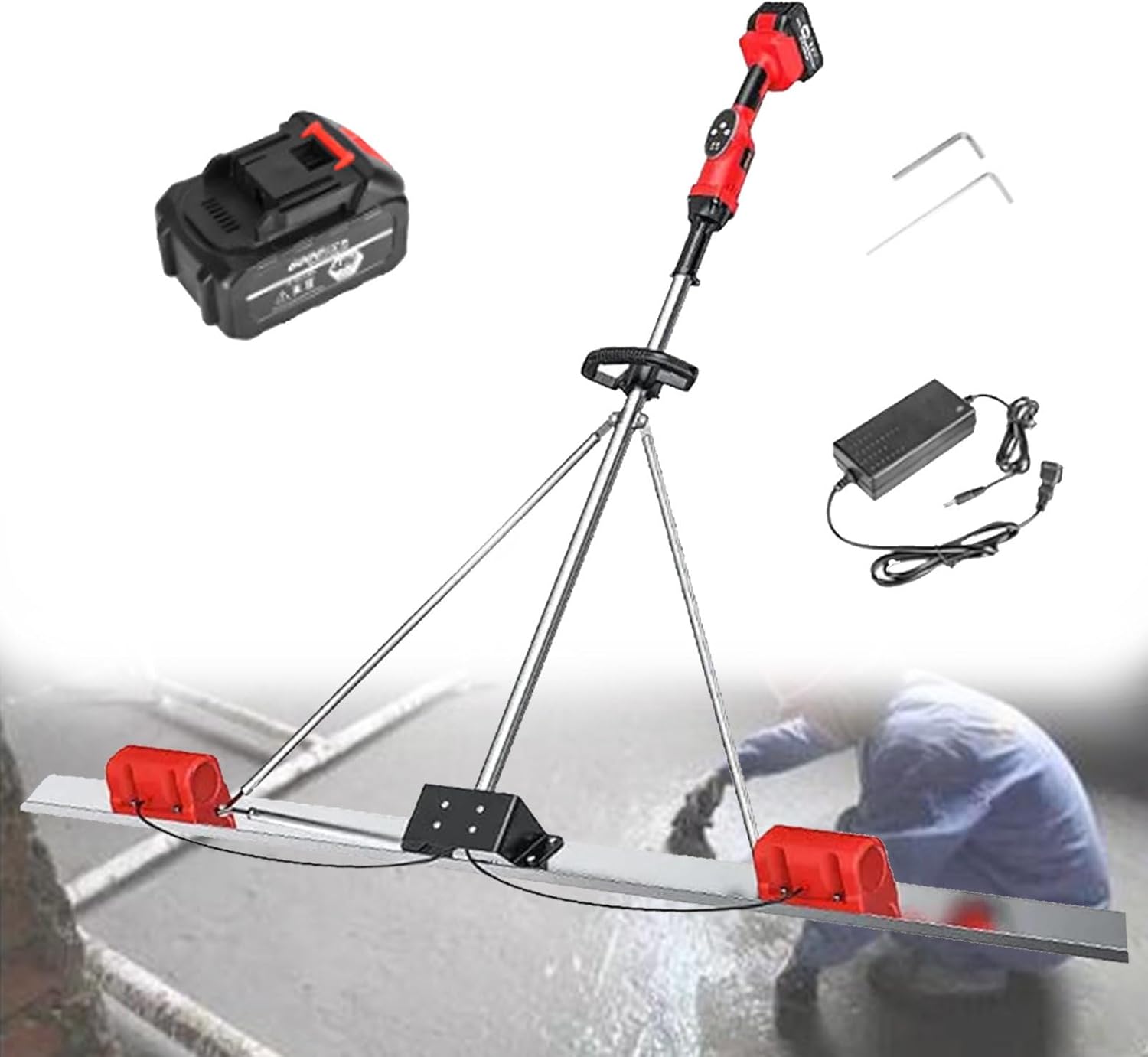 Battery Powered Concrete Leveling Tamper Ruler, Concrete Screed Vibratory Kit, Wet Cement Screedwith 9 Speed Setting, for Road Constructions 2*Battery-1.5M