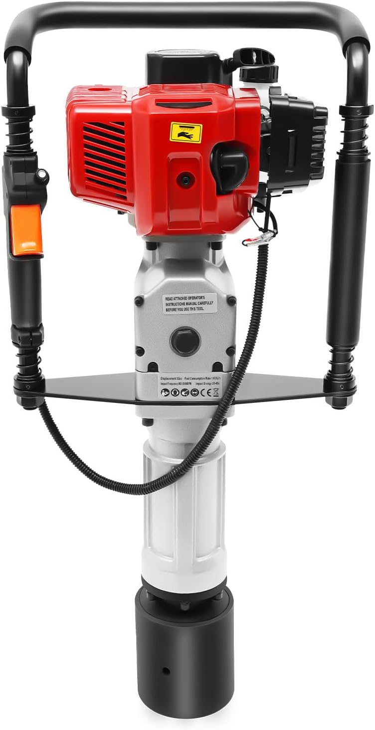 52cc Gas-Powered Post Driver, 2-stroke Engine Gasoline Pile Driver, 1900W Petrol Fence Rammer, 6500RPM Cordless T-Post Hammer for Farmland Guardrail Highway Fencing Orchard Trellis Installation